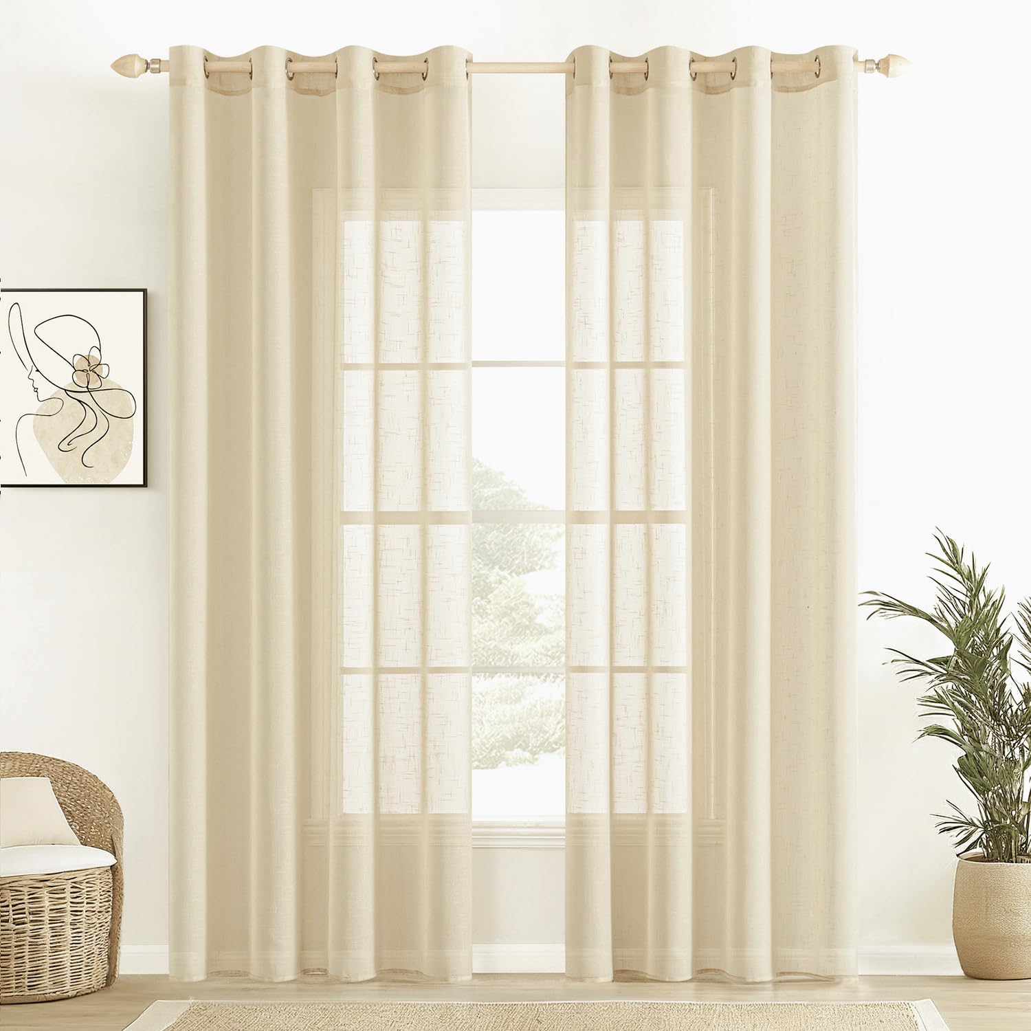 EMEMA Cortinas de Voile Cortinas de Lino Transparentes Cortinas de Lino Cortinas con Ojales Cortinas para salón Juego de 2 Cortinas para Ventana Cortinas 140 x 245cm (B x H) Beige