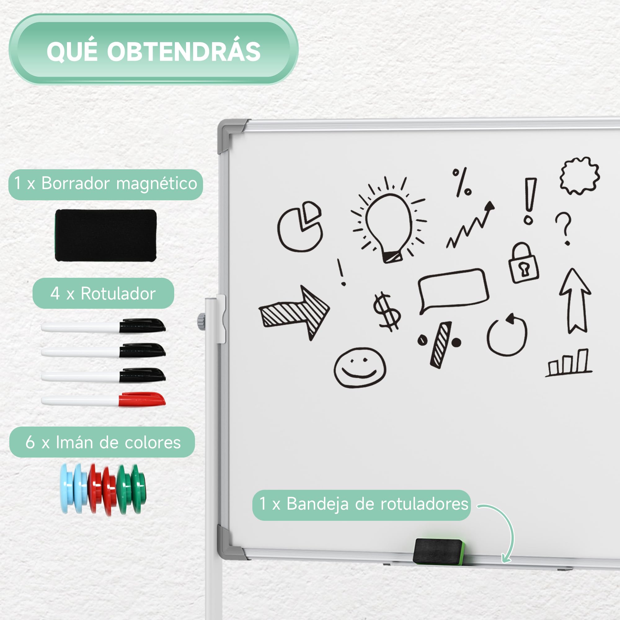 HOMCOM Pizarra Blanca Móvil de Doble Cara 120x90 cm Giro 360 ° con Soporte | Pizarra Blanca Magnética, Tablero Inclinado en 3 Niveles, Marco de Aluminio, Ruedas, Rotuladores, Imanes, Borrador