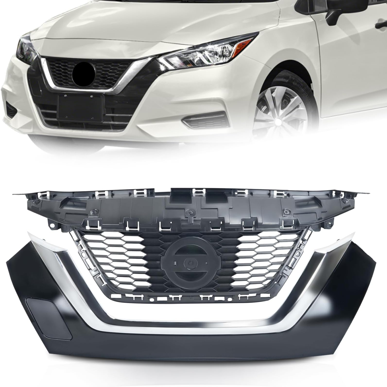 Front Bumper Shell Grille & Chrome Trim Molding Compatible with 2020-2022 Nissan Versa