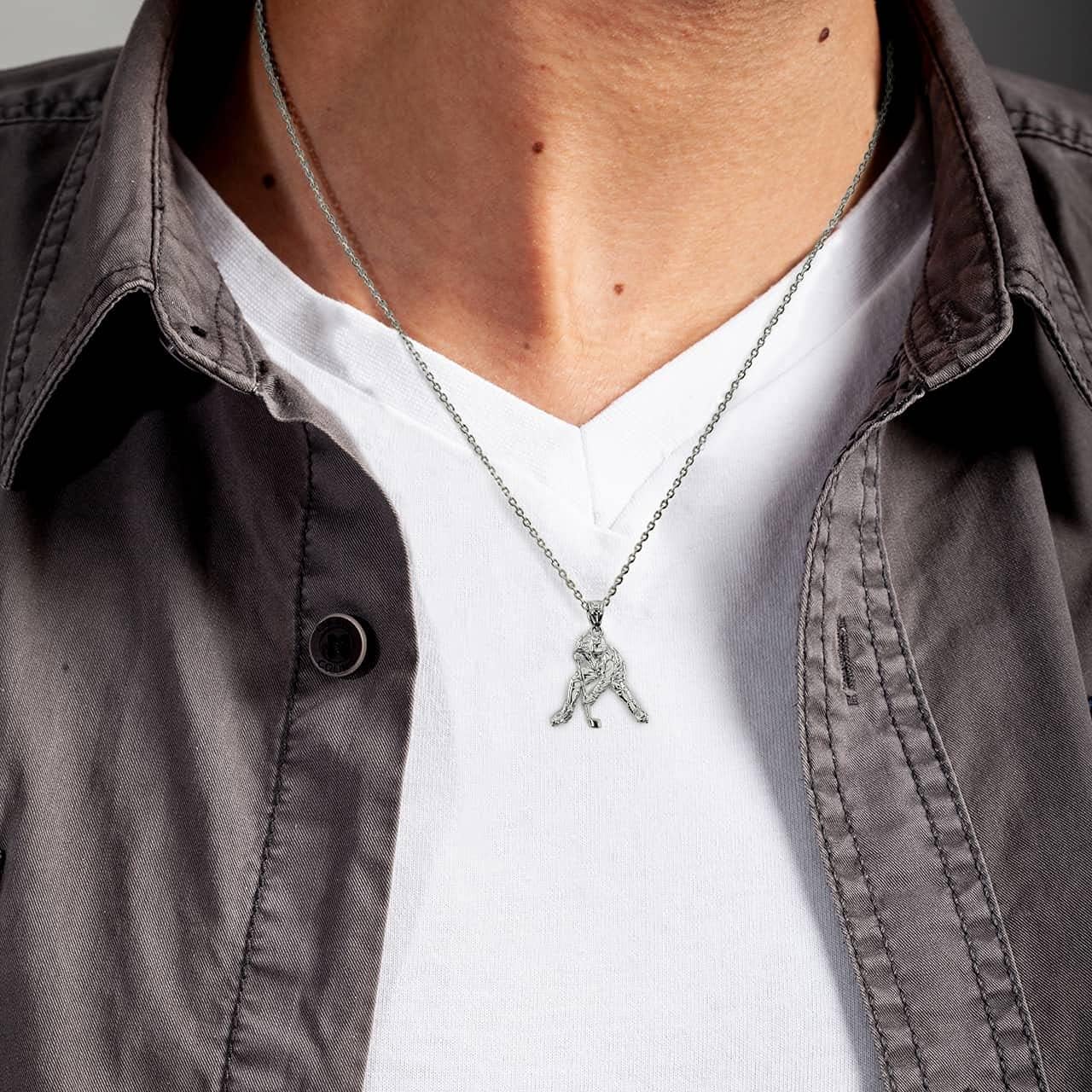 Certified 925 Sterling Silver Ice Hockey Player Winter Sports Pendant Necklace