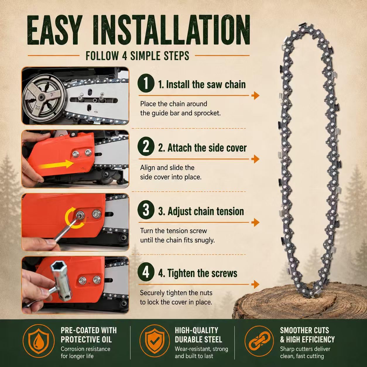 Paquete de 3 cadenas de motosierra de 20 pulgadas, 72 eslabones de transmisión, paso de 3/8 pulgadas, calibre de 0.050 pulgadas, compatible con Husqvarna 455, Poulan PR5020, Stihl MS 260