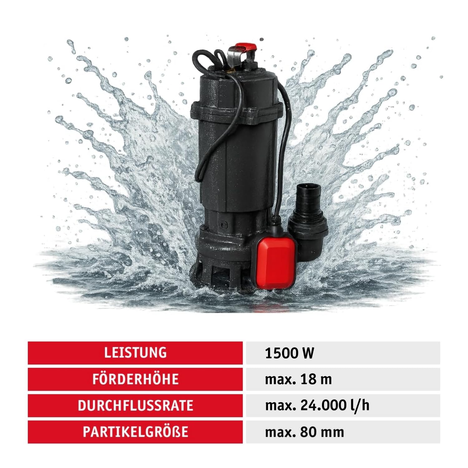 WALTER Schmutzwassertauchpumpe inkl. Schneidwerk, 20m C-Schlauch (1100W, 21.000l/h, Förderhöhe max. 15m, Anschlusskabel 8m, Thermoschutz) Fäkalienpumpe mit Zerkleinerer