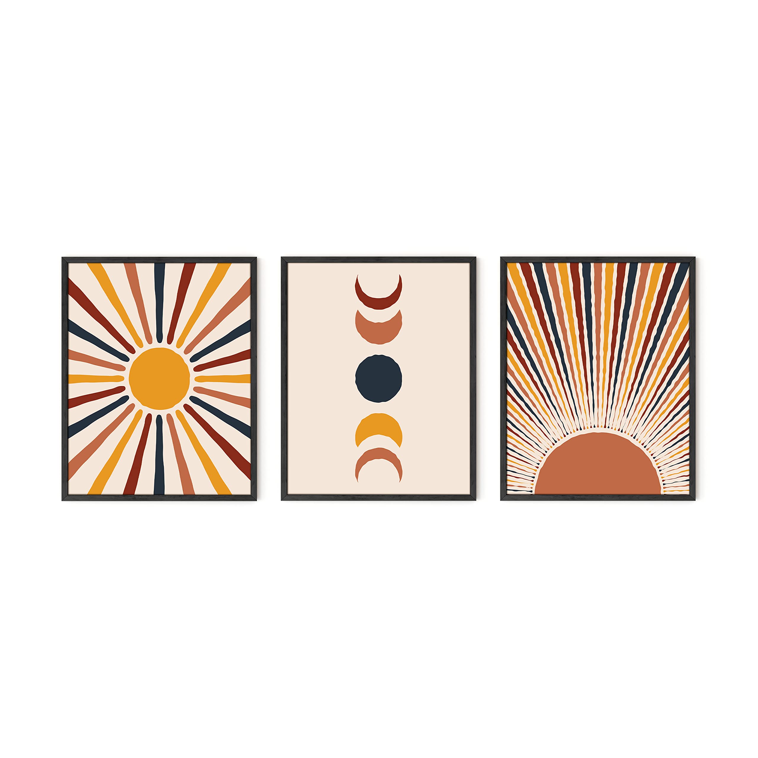 HAUS AND HUES Mid Century Modern Wall Art - Set of 3 Sun Art Print, Boho Wall Prints, Moon Wall Décor| UNFRAMED (11x14)