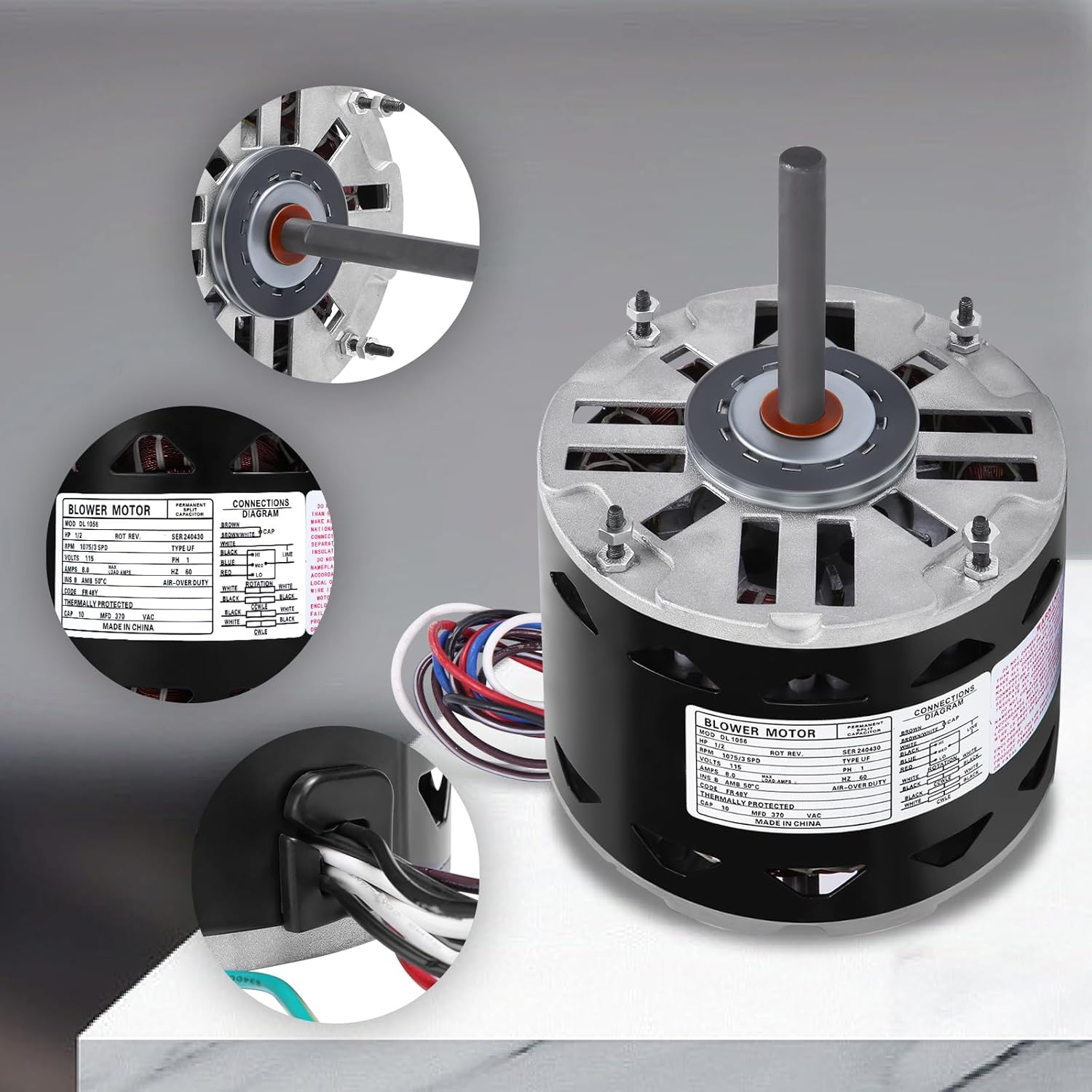 DL1056 Sleeve Bearing Direct Drive Blower Motor 1/2 HP, 1075 RPM, 3 Speed, 115 Volts 8 Amps, 48 Frame, Sleeve Bearing Compatible with A.O.Smith/Century/GE/Fasco/Emerson/Franklin/Dayton
