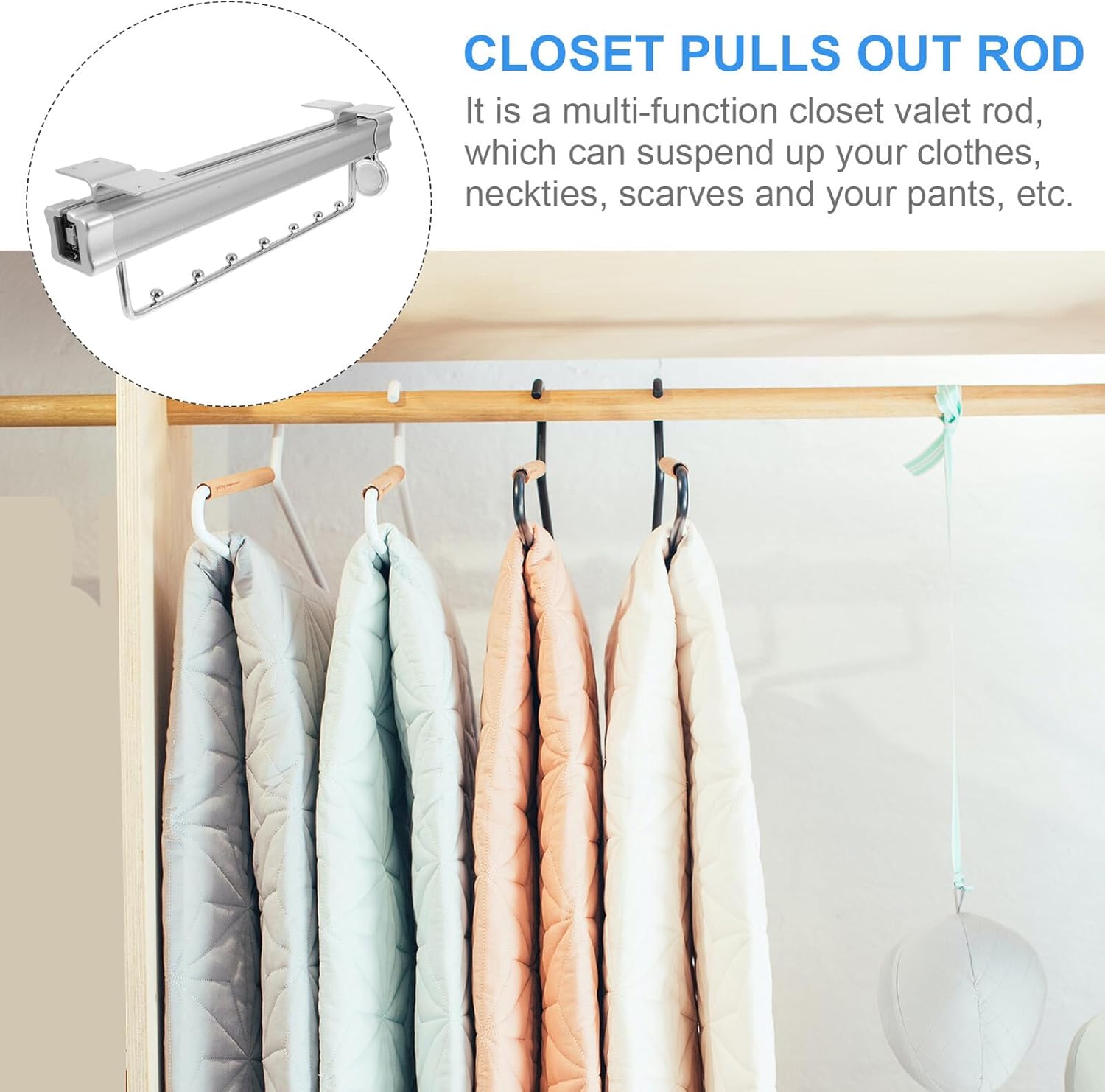 Extendable Dual Rail Closet Rod, Silver Finish Top Mounted Clothes Rack Organizer, Pull-out Wardrobe Clothing Rail for Bedroom and Storage Closets