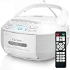 Greadio Portable CD Player Boombox Cassette Player with Bluetooth FM Radio with Remote Control AUX USB Playback Cassette Recorder AC Cable Battery Operated LCD Screen for Children White