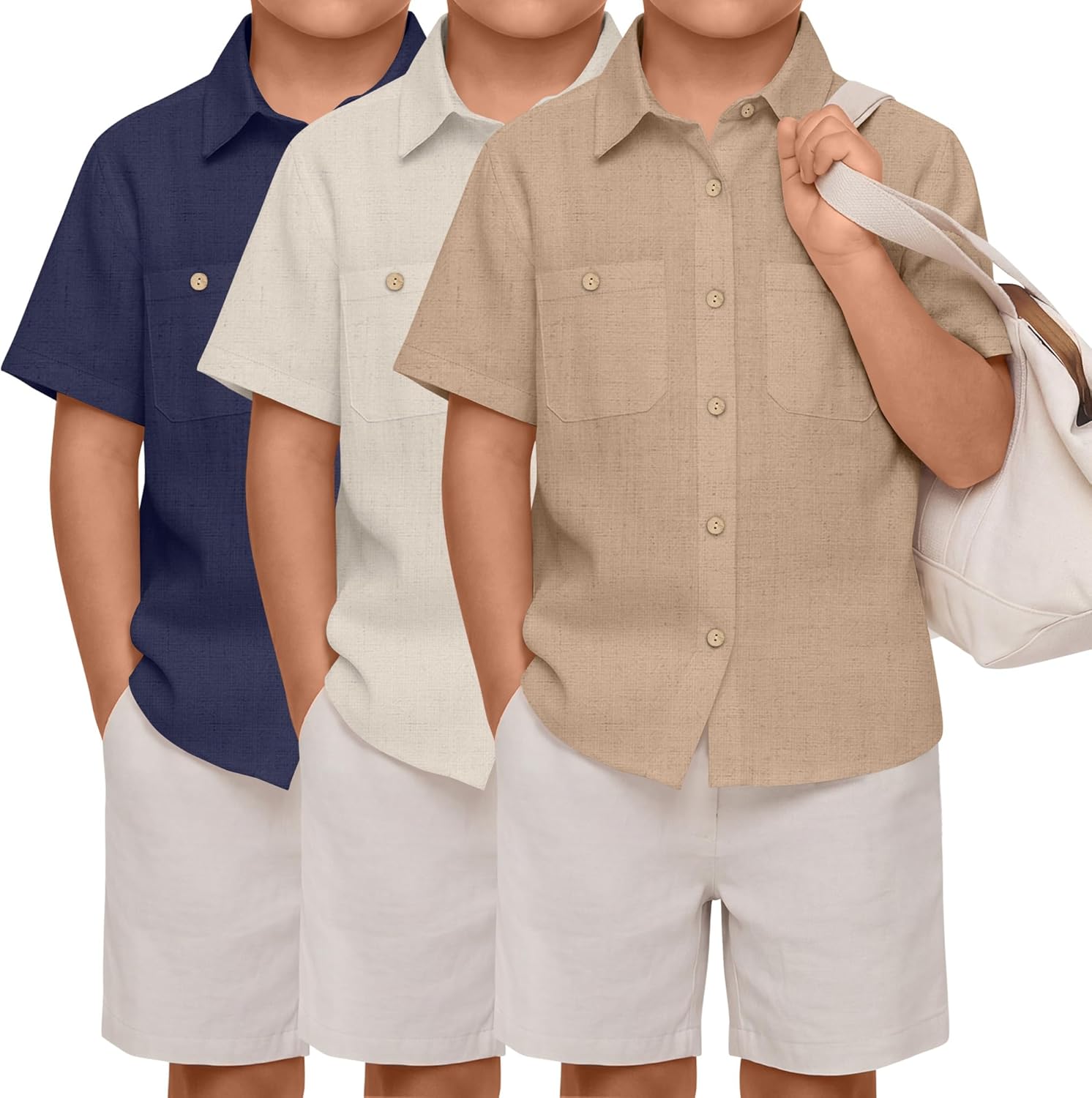 3 Pack Boys' Button Down Shirts Linen Short Sleeve Dress Shirts Kids Summer Casual School Uniform with Two Pockets