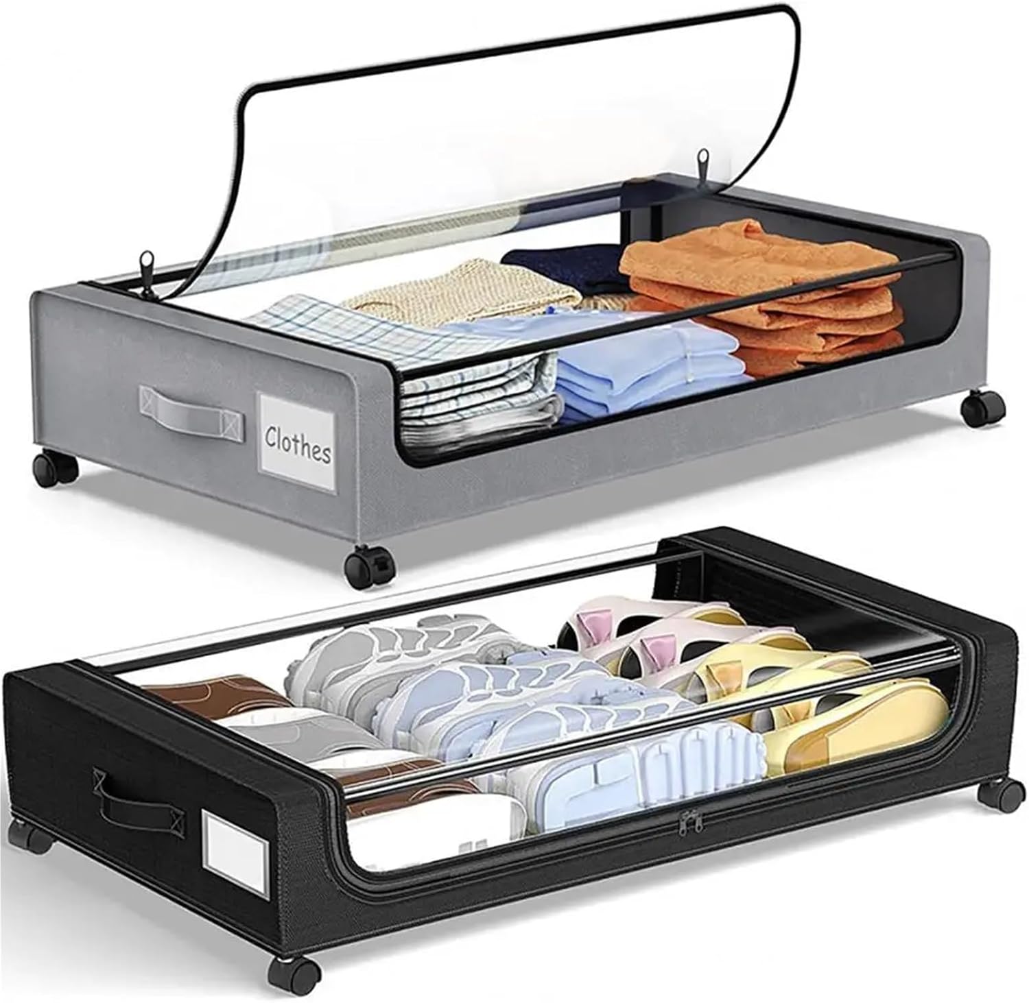Under Bed Storage Box 2 Pcs Shoe Cabinet Under Bed Box Double Zipper Bed Storage Box Under-Bed Storage Box with Wheels Zipper Closure for Quilts(Black)