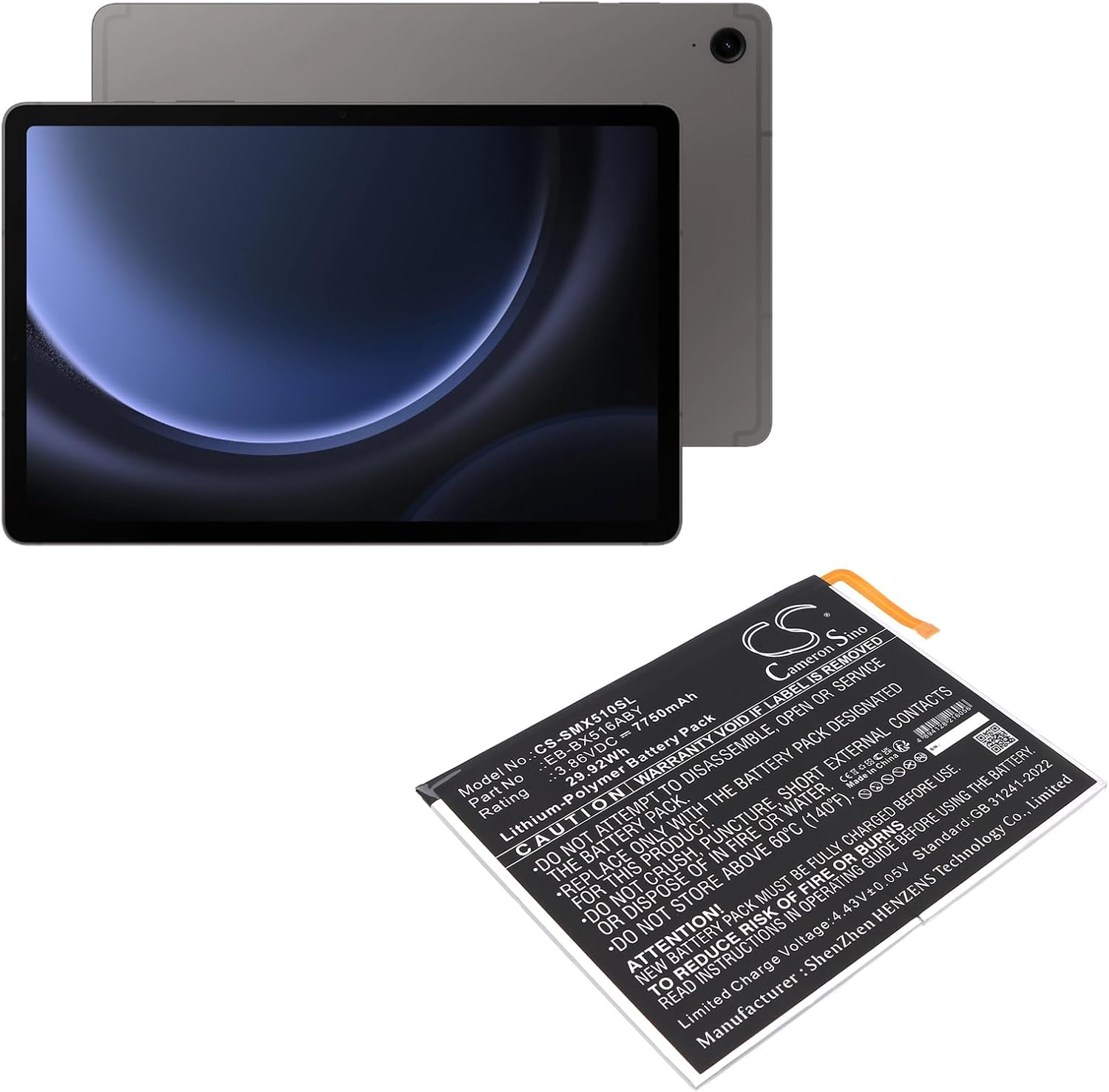 Tablet Battery for Galaxy Tab S9 FE, SM-X510, SM-X510N, SM-X516, SM-X516B, SM-X516C, SM-X516N, SM-X518U PN: EB-BX516ABY, GH82-32744A 7750mAh / 29.92Wh