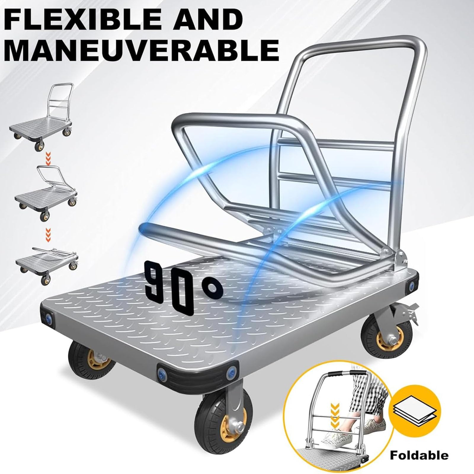 Carrello con Piattaforma Pieghevole Carrello di Spinta capacità 1100 kg Carrello di Trasporto Carrello con Ruote Carrello a Mano Mobile a Base Piatta Mobile Resistente in Acciaio(90x60CM)