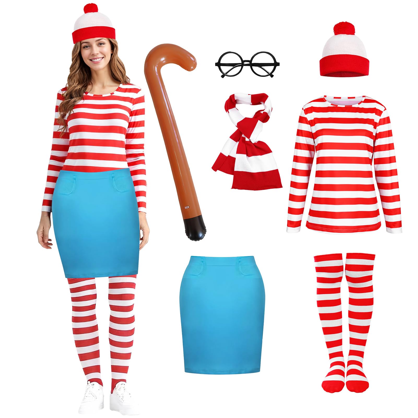 Suffolly Red and White Striped T Shirt Set for Adult 5PCS Wally Costume Hat T-shirt Cane Scarf Glasses Costume Set 90s 80s Fancy Dress Halloween Costumes for Men Women (Women-B