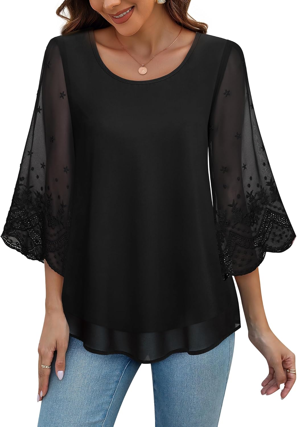 VAFOLY Women's Blouses Bell Sleeve Double Layers Casual Round Neck Embroidered Elegant Chiffon Tunic Top