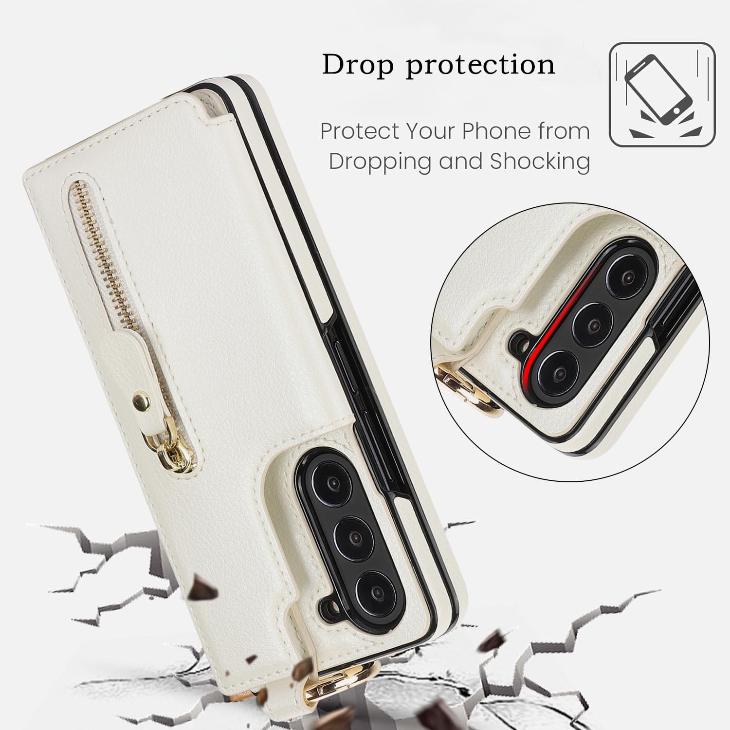 Etui portfelowe na telefon komórkowy Samsung Galaxy Z Fold 8 Ultra z zamkiem błyskawicznym i uchwytem na karty kredytowe, przegródką na gotówkę, przednią osłoną ekranu ze szkła hartowanego i