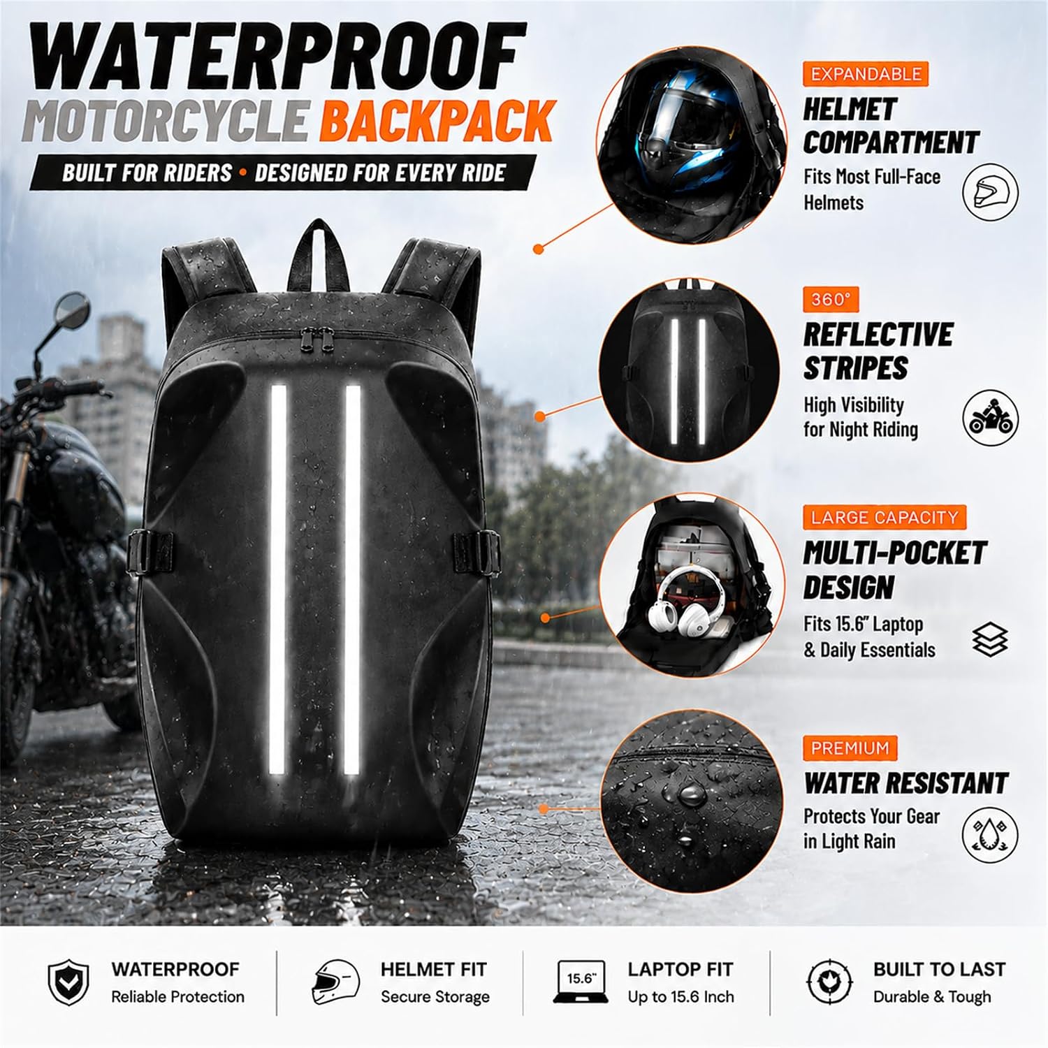 Motorcycle Backpack, Waterproof with Reflective Strips for Riders image 2