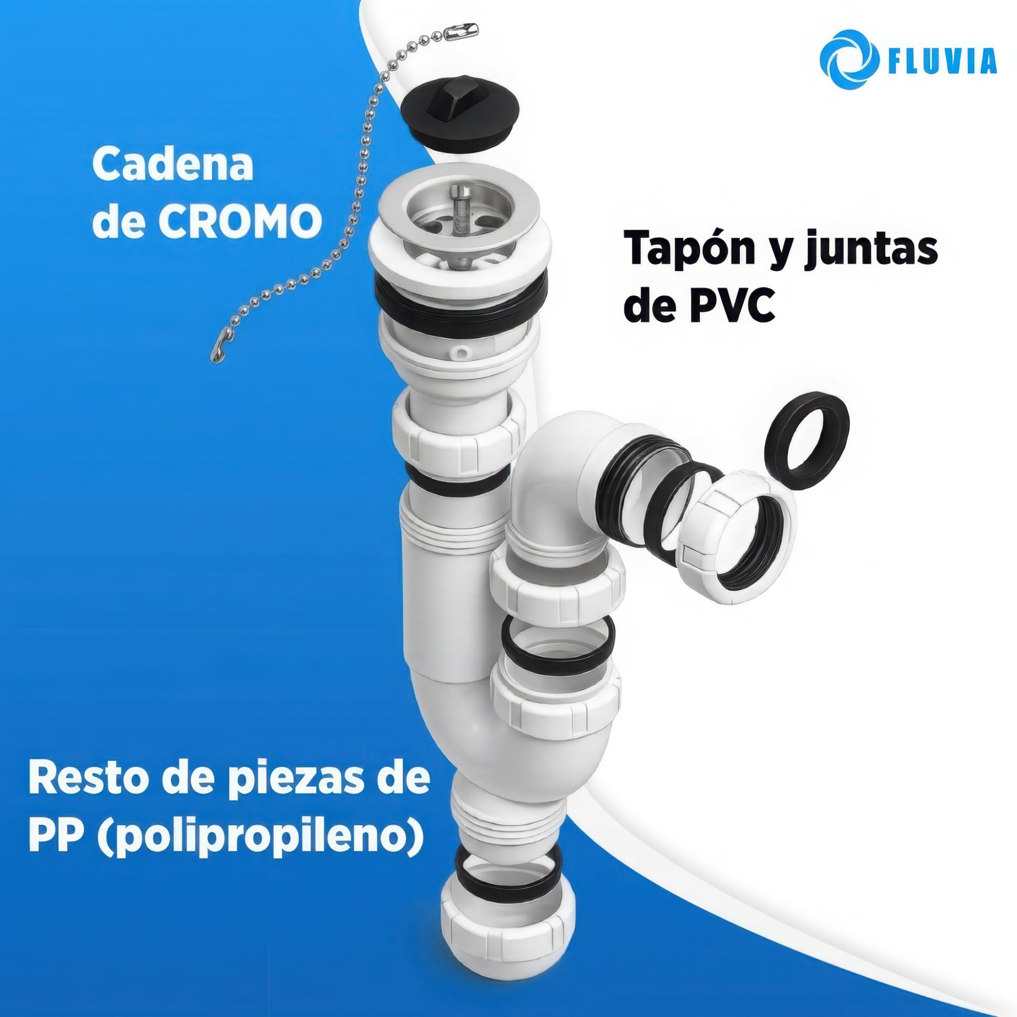 Sifón Curvo Extensible con Válvula y Tapón 1 1/2" Ø40 mm con Reducción Ø32 mm| Sifón para Fregadero y Lavabo | Antiolor, Antifugas | Instalación Fácil | Alta Resistencia | Fluvia