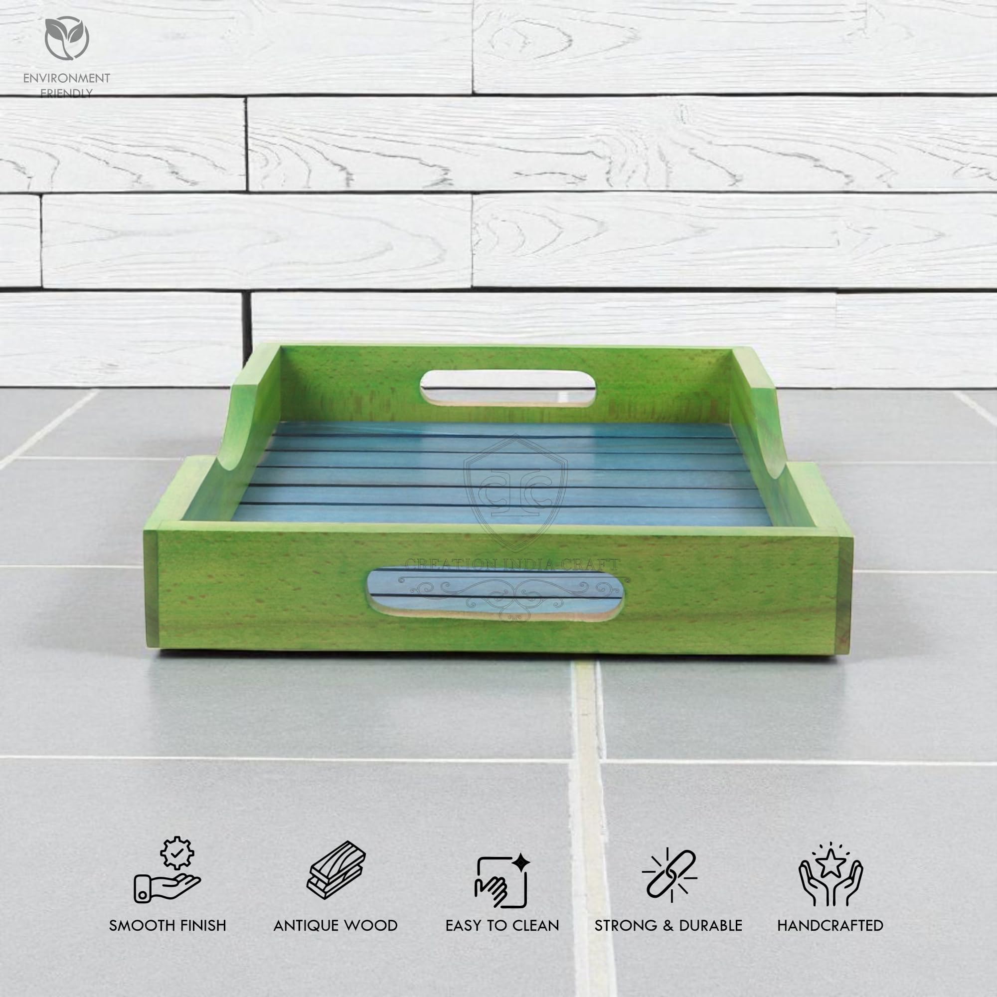 Plateau en bois pour décoration de table de salle à manger, cuisine, dîner, collation, café, plateau multifonction (bleu)