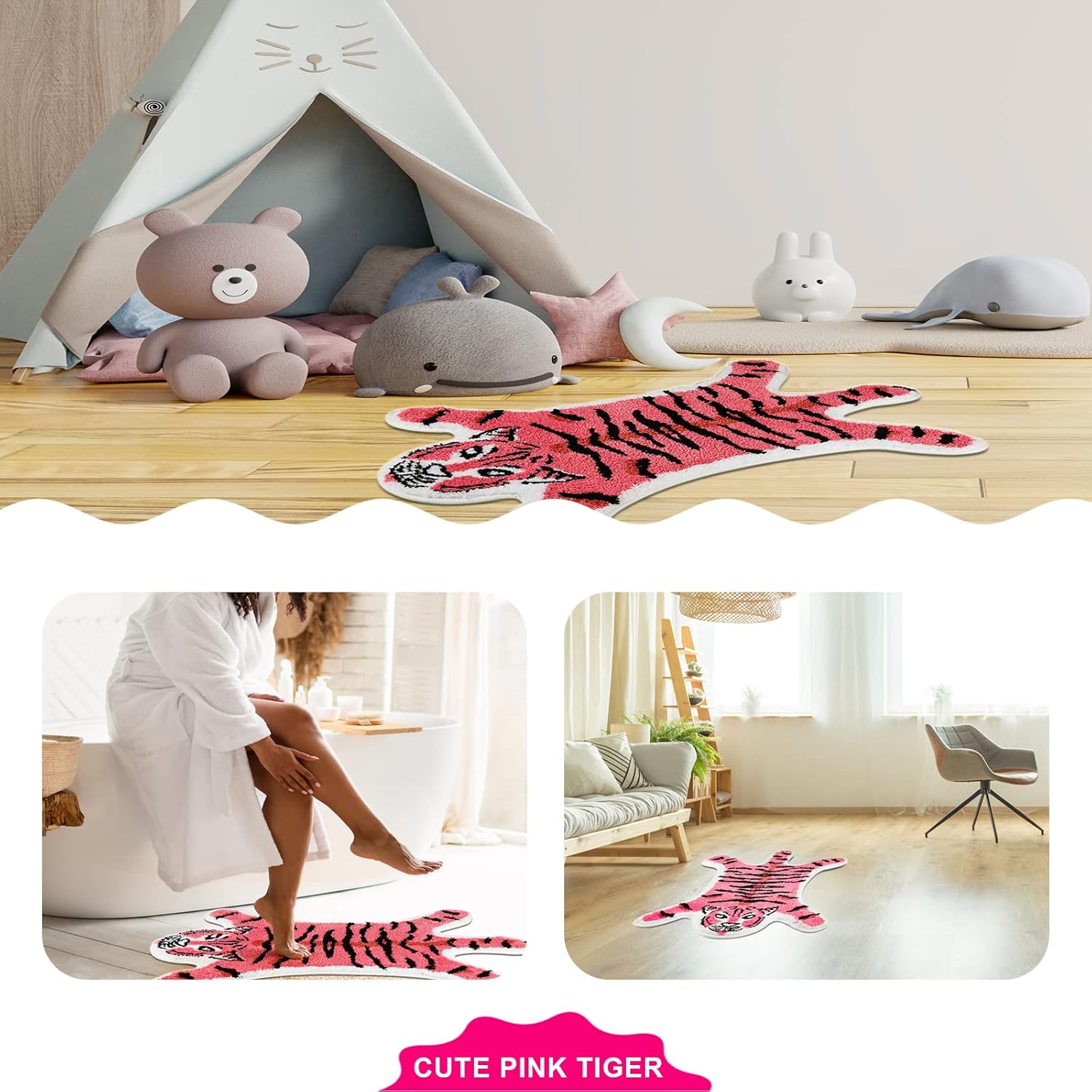 Cute Tiger Shaped Bath Mat for Bathroom, Pink Cartoon Tiger Bathroom Rugs and Mat Non-Slip Animal Shower Rug Carpet Playmat Absorbent Bathtub Rug