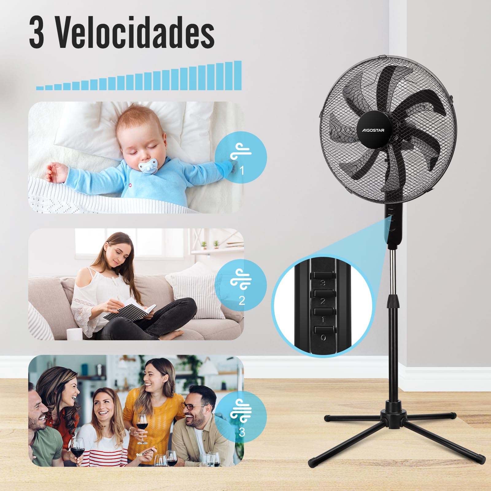 Aigostar Ventilador de Pie con 7 aspas, 50W, diámetro 41 cm. Ventilador de pie silencioso oscilante 75°, 3 Velocidades y altura ajustable 108-125cm. Silencioso para dormir. Color Negro. Elsie