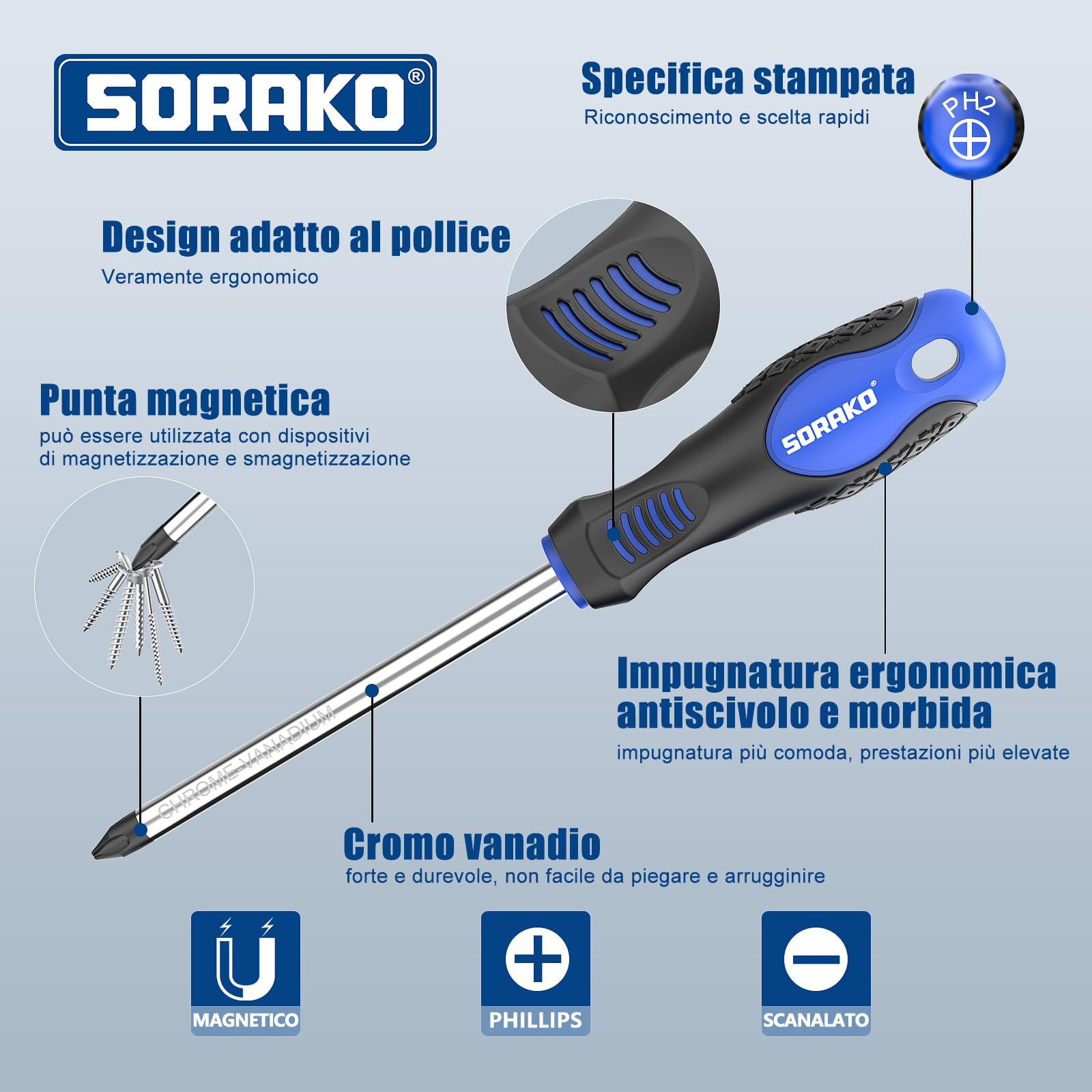SORAKO Set cacciaviti da 11 pezzi, Con smagnetizzazione 2 in 1, Borsa in nylon ad alta densità, punta magnetica, impugnatura professionale antiscivolo, con 5 punte piatte, 5 punte a croce