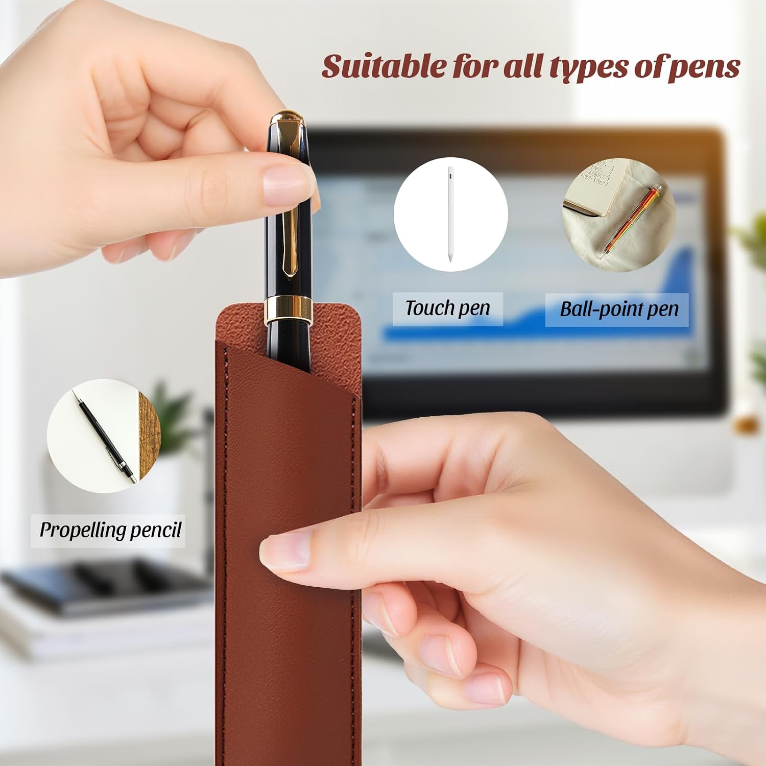 5 Pack PU Leather Pen Sleeve Single, Small Fountain Pouch, Pocket Holder Carrying Case, Protective Cover Organizer for Ballpoint Stylus Touch Pencil (Brown) image 2