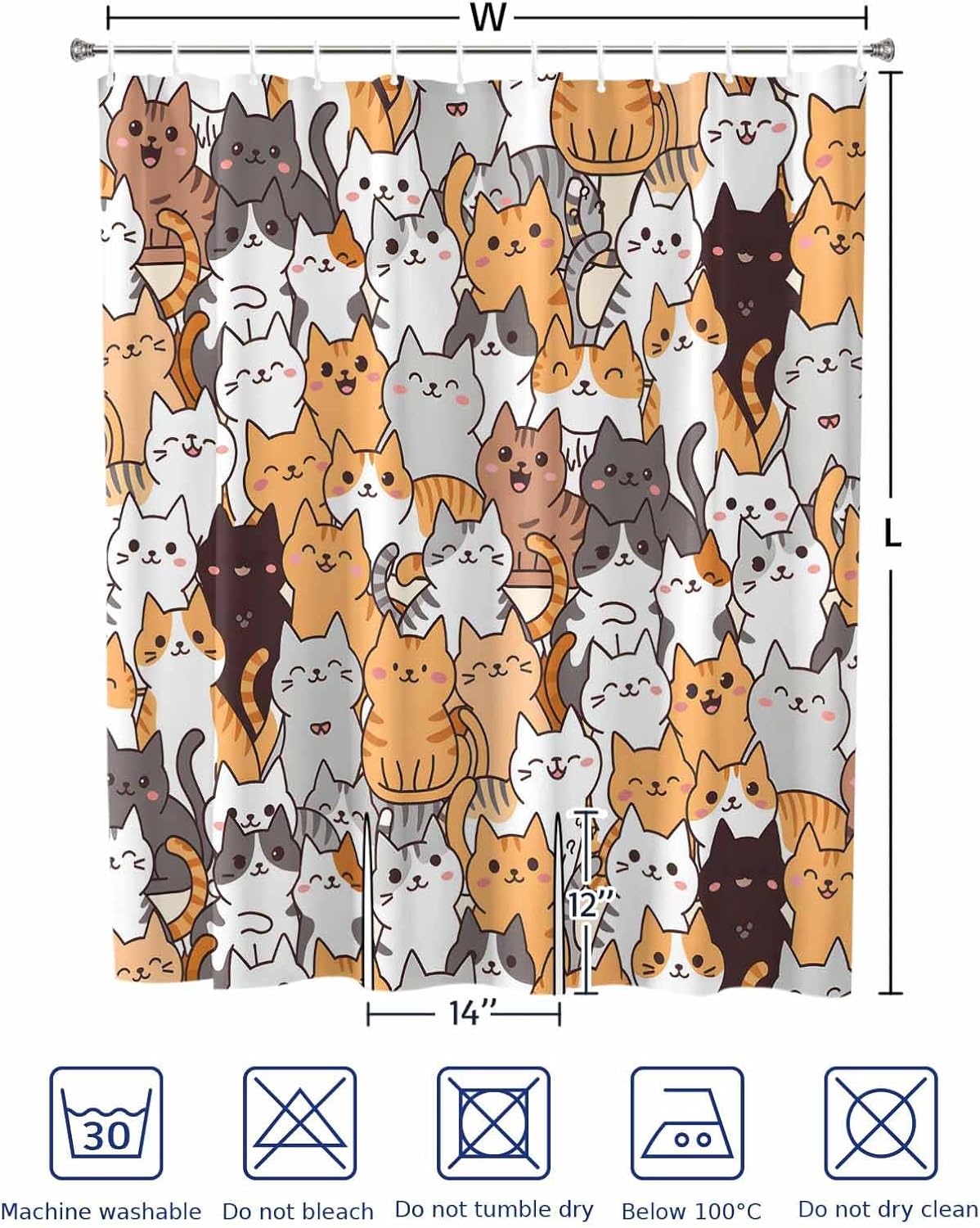 Animal Split Shower Curtain for Transfer Bench, Cartoon Blush Cats Bathroom Curtain for Bathtub Transfer Chair 72x72 Inch Shower Curtain Set with Hooks and 2 Vertical Slits