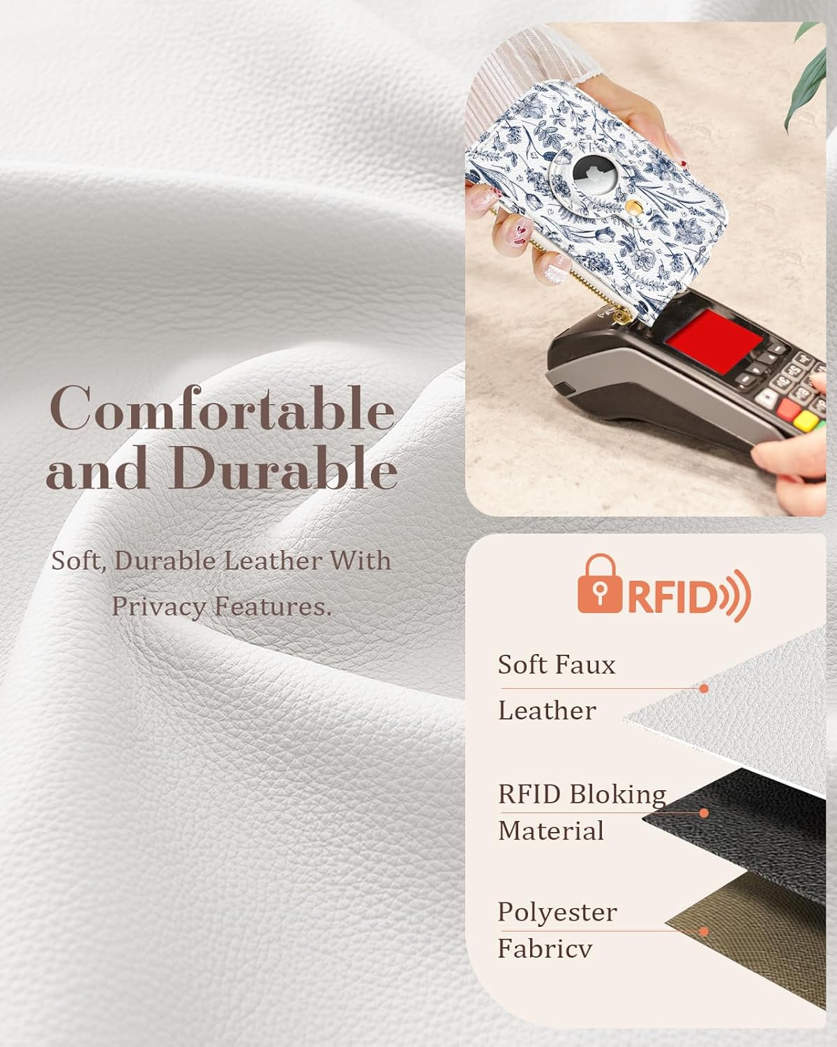 Cute Card Wallet Women with AirTag Holder - Line Flower Genuine Leather Small Wallets with Keychain RFID Credit Cardholder Air Tag Aesthetic Coin Purse for Female Ladies Teen Girls - Image 5