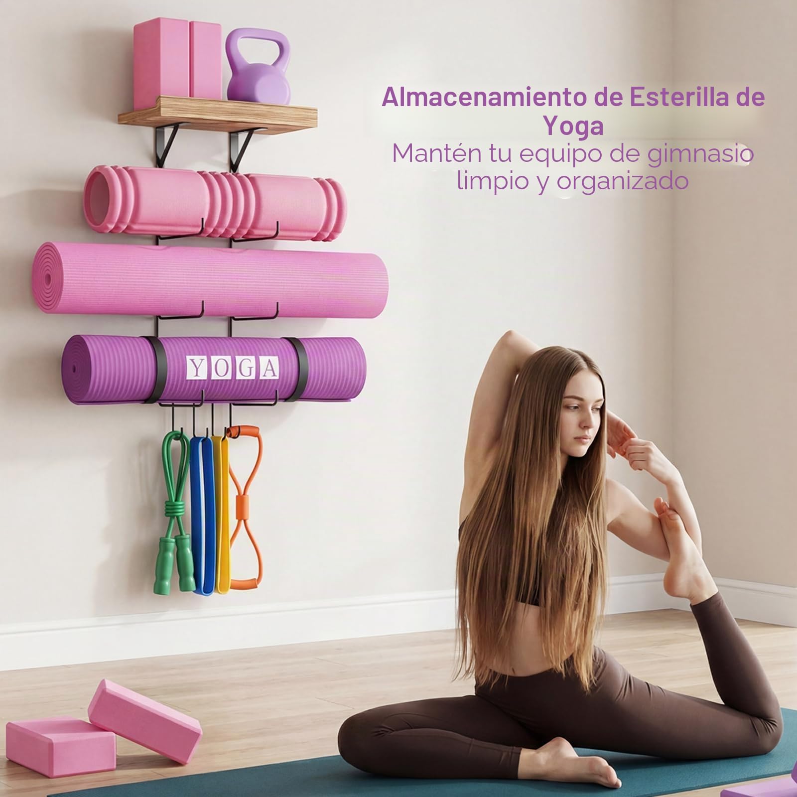 Soporte para esterilla de yoga, soporte de pared, accesorios de gimnasio en casa con estantes flotantes de madera y 4 ganchos para colgar rodillo de espuma y bandas de resistencia en clase de fitness
