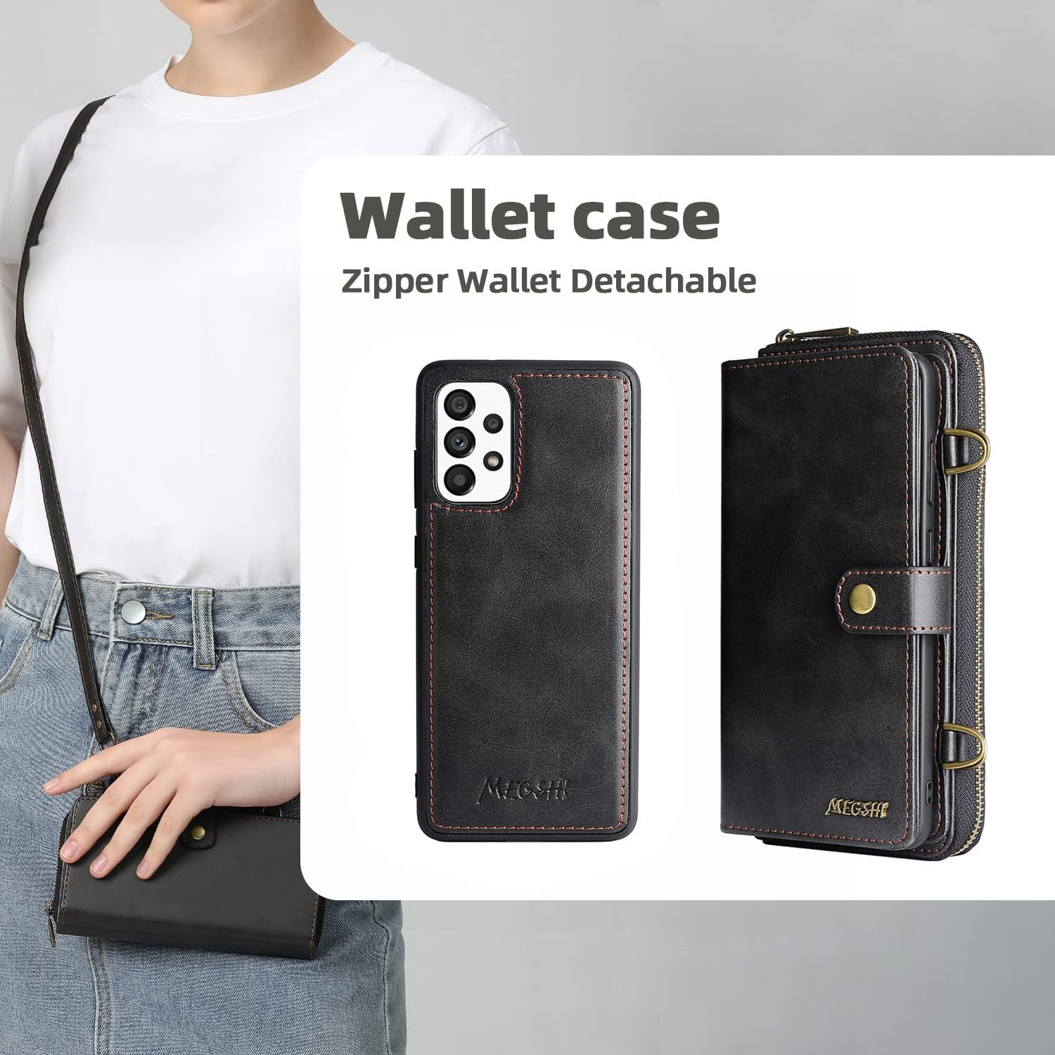 Compatible with Samsung Galaxy A52/A52S 5G Wallet Case Crossbody Shoulder Strap Card Holder Stand Multi-Function 2in 1 Detachable Magnetic Phone Cover for Glaxay A 52 S 4G G5 Gaxaly 52A S52 52S Black