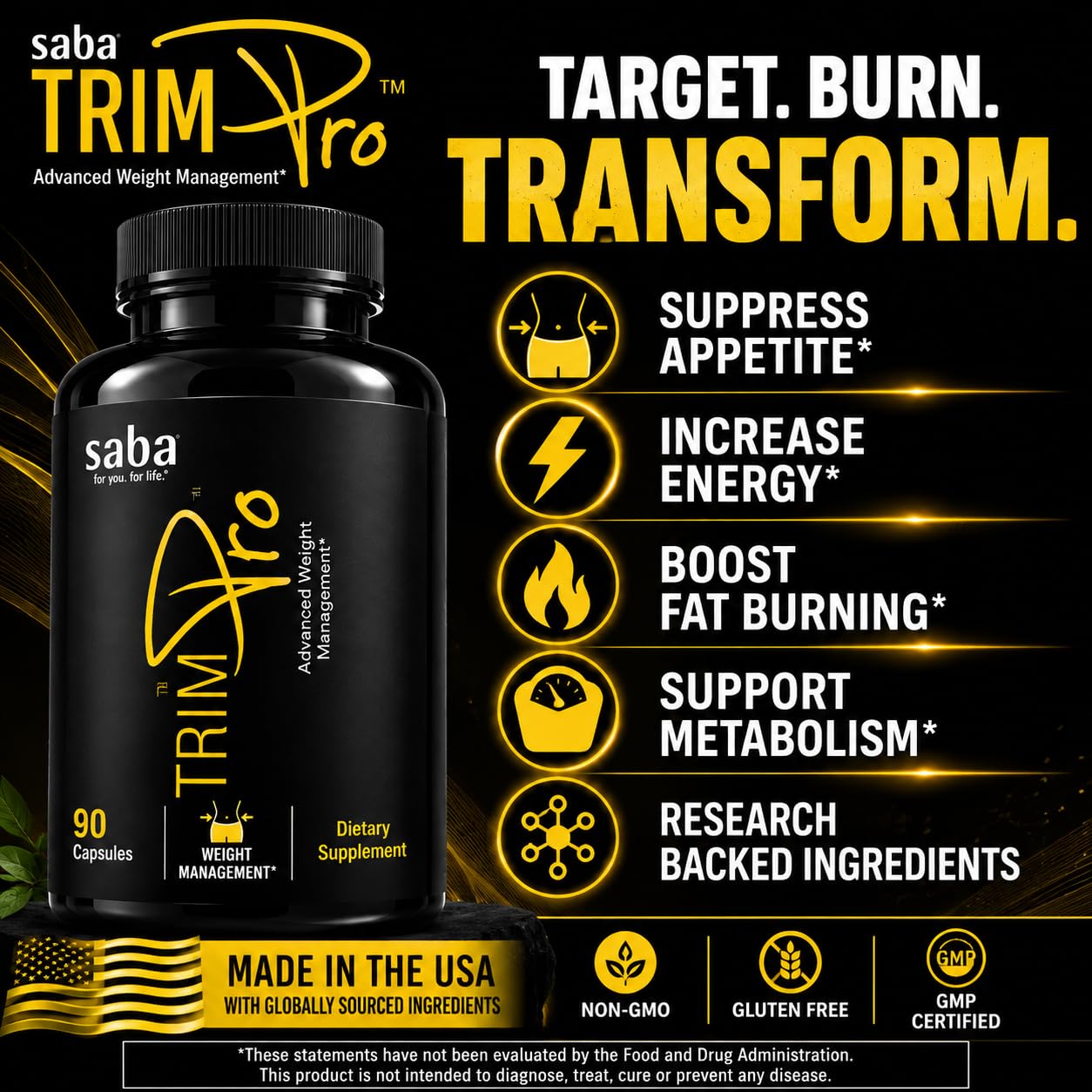 Saba Trim Pro™ Metabolism & Weight Management Support – Thermogenic Formula with CapsiMax®, Phase 2®, Green Tea & Dandelion – Appetite, Energy, Water Retention & Bloating Support – 60 Capsules — Amazon image 8