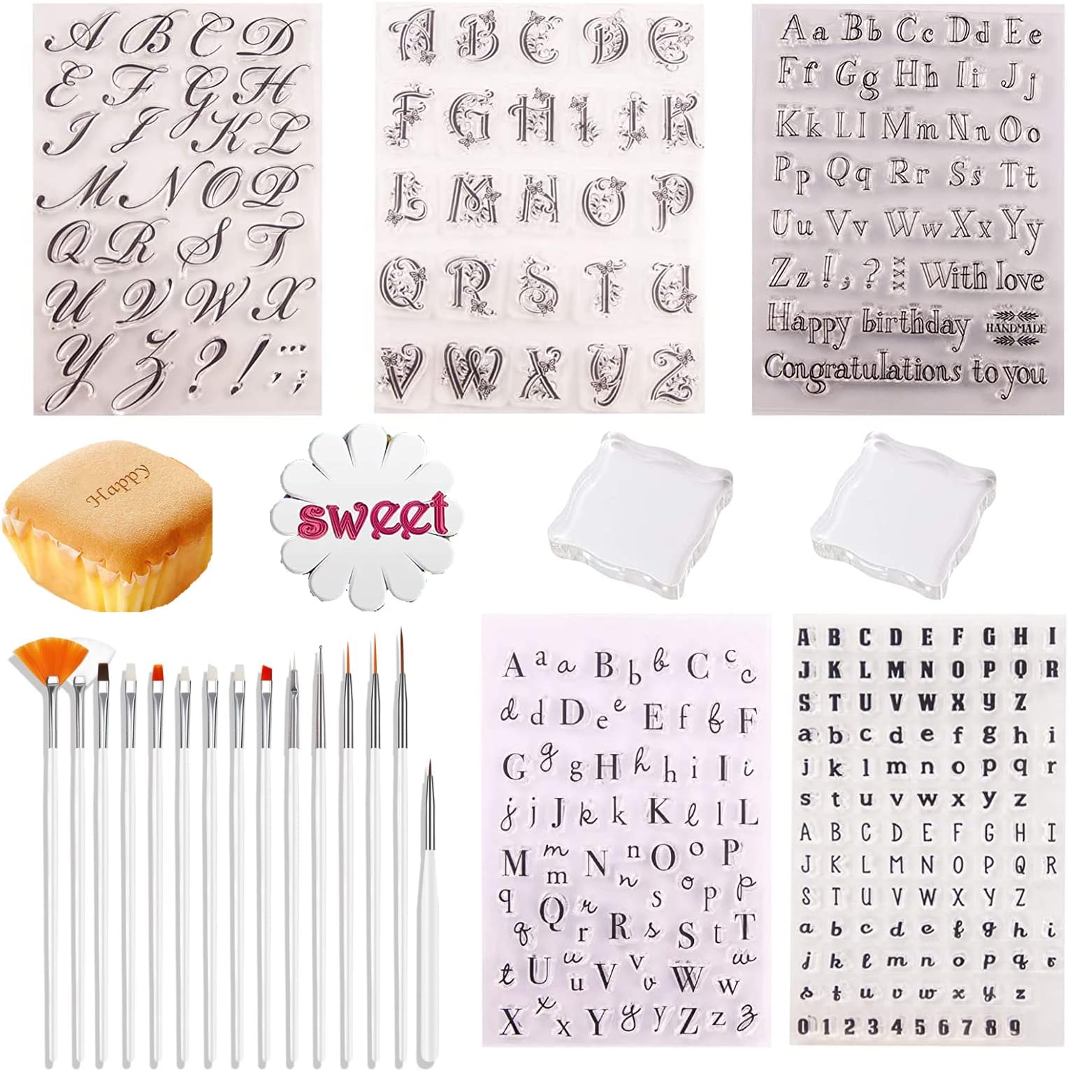 Alphabet Cake Stamp Set, SYOSI 5 Pieces Cake Stamp Tool Letters and Numbers Fondant Mold, 2 Pieces Acrylic Stamping Blocks, 5 Pieces Brushes Embossed Alphabet Tool for DIY Baking