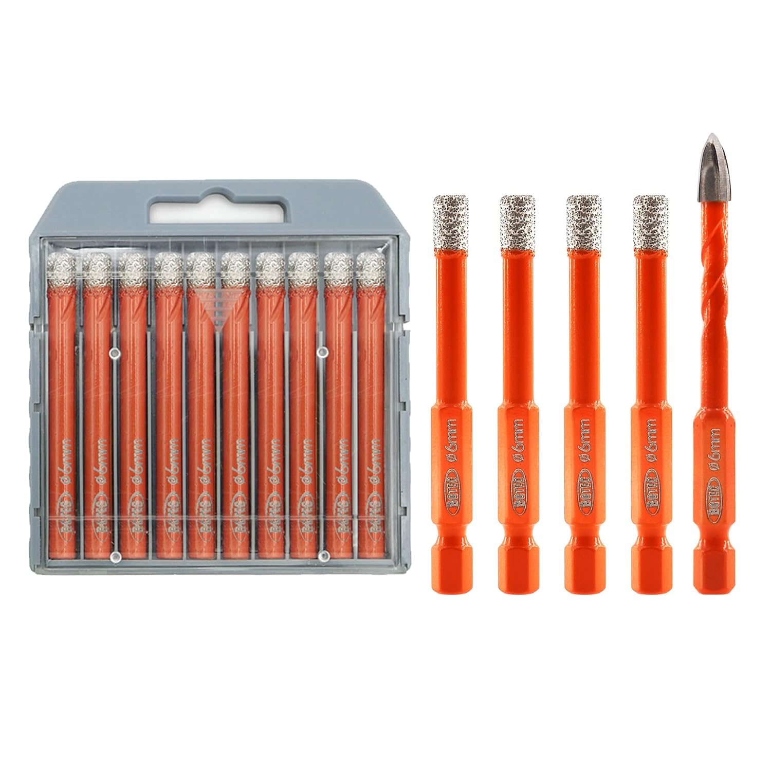 BGTEC Dry Diamond Drill Bits Set-1/4 Tile Drill Bit with Hex Shank and 1pc 1/4" Carbide Drill-10pcs 1/4" 6mm with Round Shank for Granite Marble Porcelain Ceramic