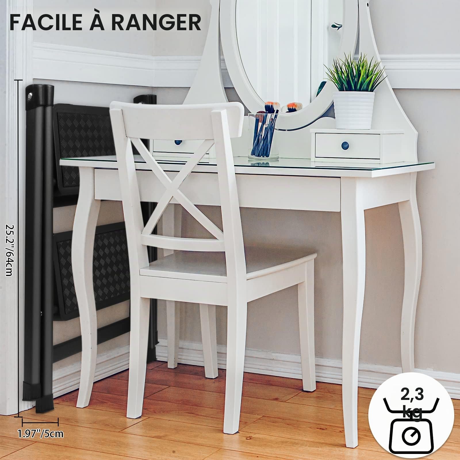 Escabeau 2 Marches Pliable, Échelle Domestique en Acier Marchepieds Pliant Portable, Largeur de Marche 20 cm Antidérapant, Charge Max 250 kg, pour Maison, Cuisine, Bureau, Bibliothèque, Noir