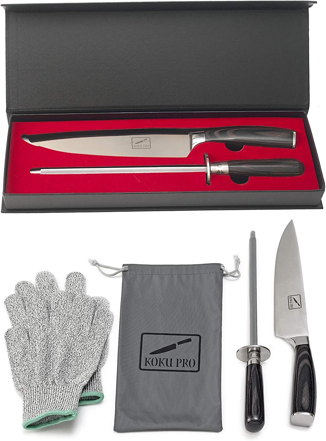 Japanese Knife - Super Sharp 8” Chef Knife - High Carbon Stainless Steel Kitchen Knife - Also Includes: Knife Sharpener, Pair of Kevlar (Cut-Resistant ) Gloves MEDIUM & Bag, Plus Storage Box
