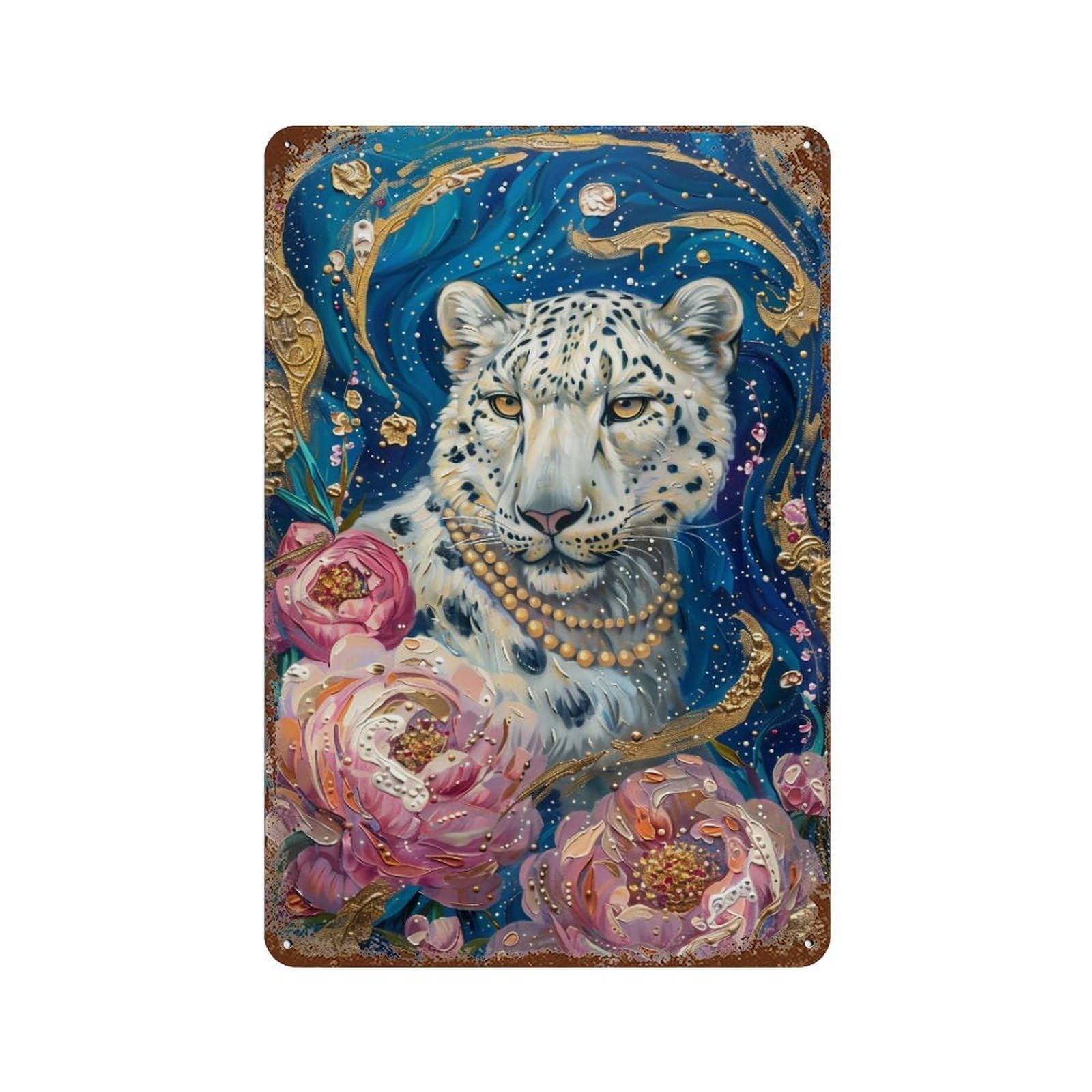 YHGERTKU Opulent Snow Leopard with Pink Peonies 03 Wall Art Retro Iron Vintage Metal Tin Sign Poster Modern Decor for Living Rooms Gift 30x20cm