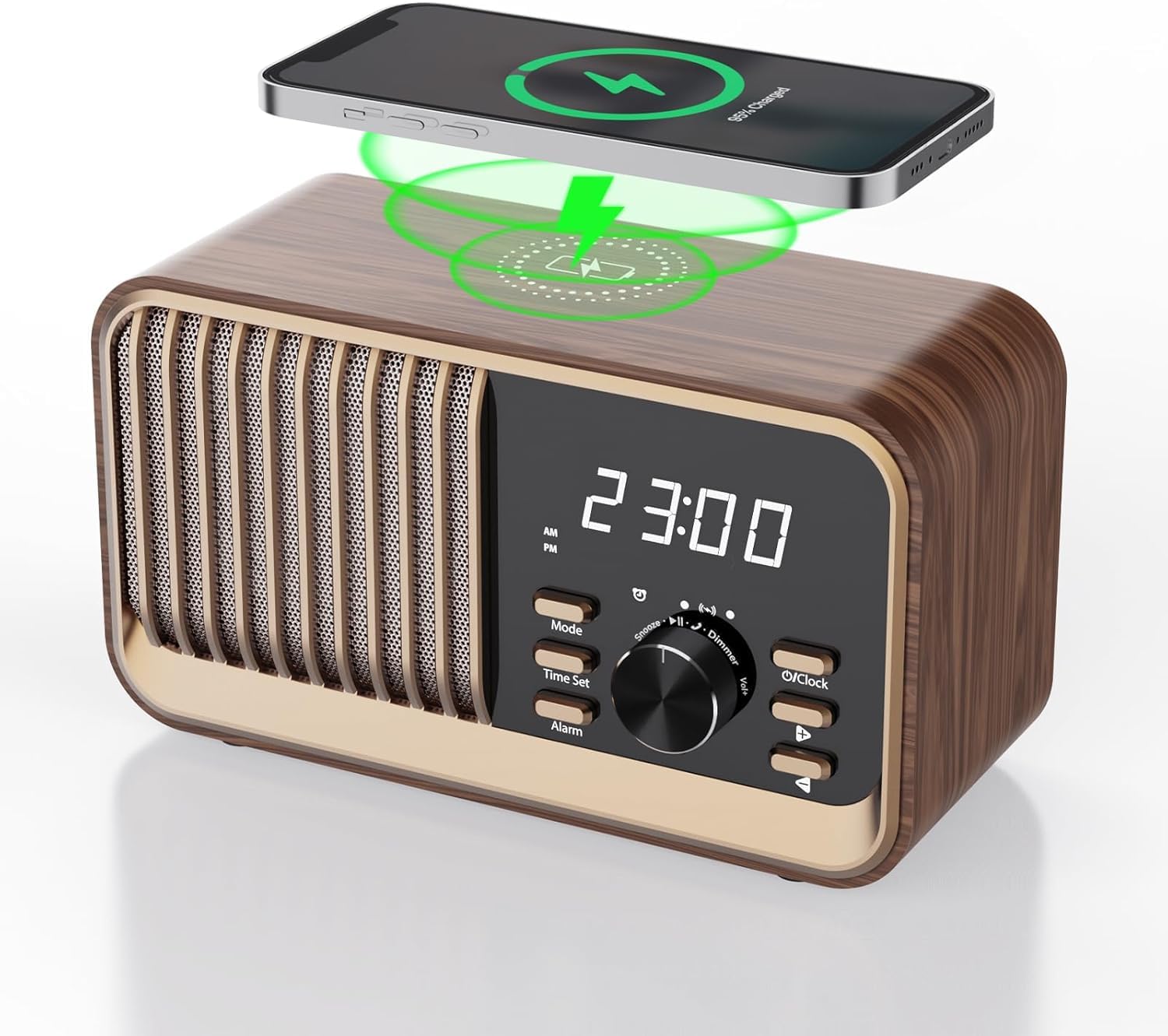 MONODEAL Radio despertador con función de carga, radio FM con altavoz Bluetooth (8 W), función de repetición, puerto USB, ranura para tarjeta TF, función de atenuación para el dormitorio