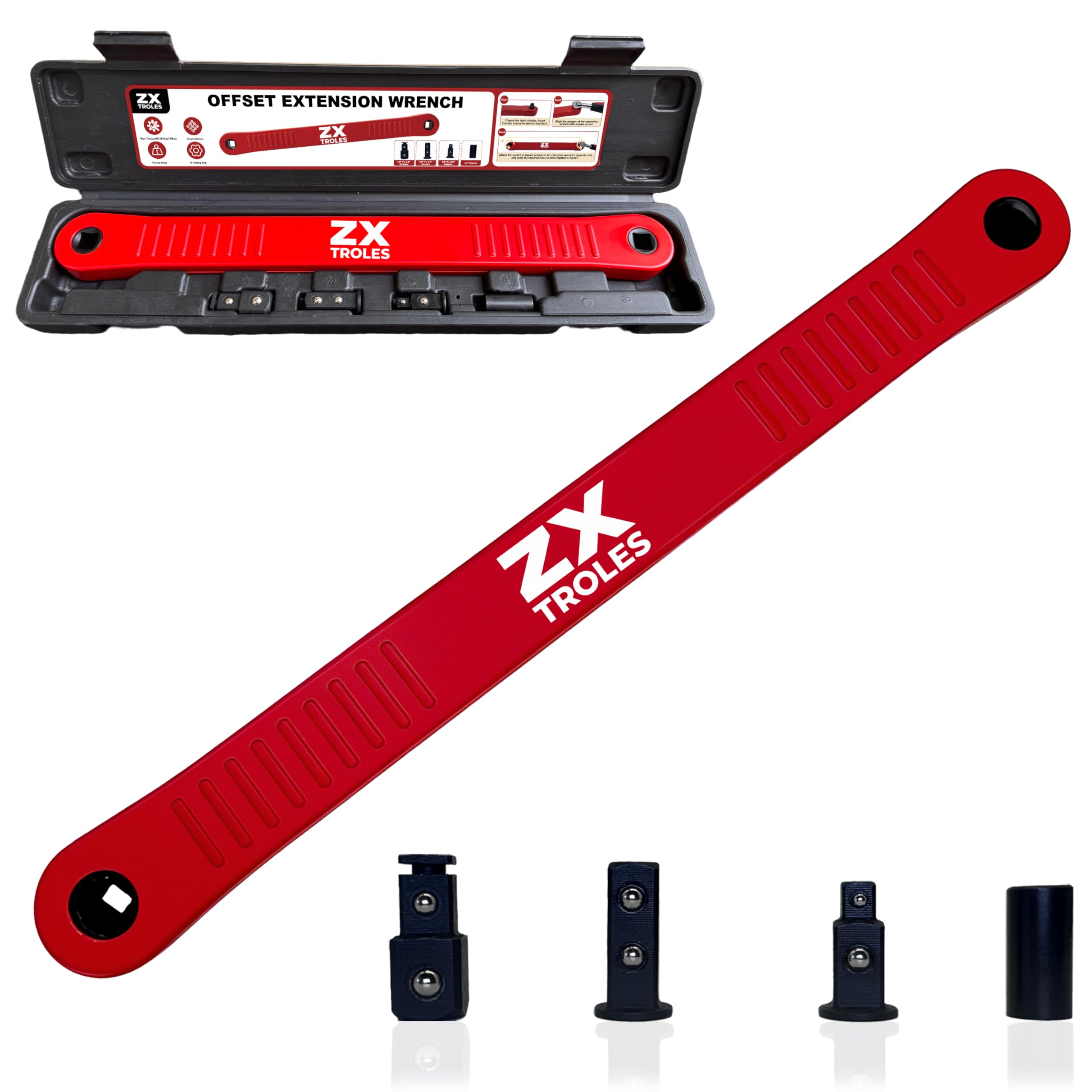ZX TROLES 1/2" Offset Extension Wrench Impact Ready Socket Wrench Extender Tool Universal Extensions Wrench for Small Place, with Versatile 1/4", 3/8", and 1/2" Square Drive Adapters, Red