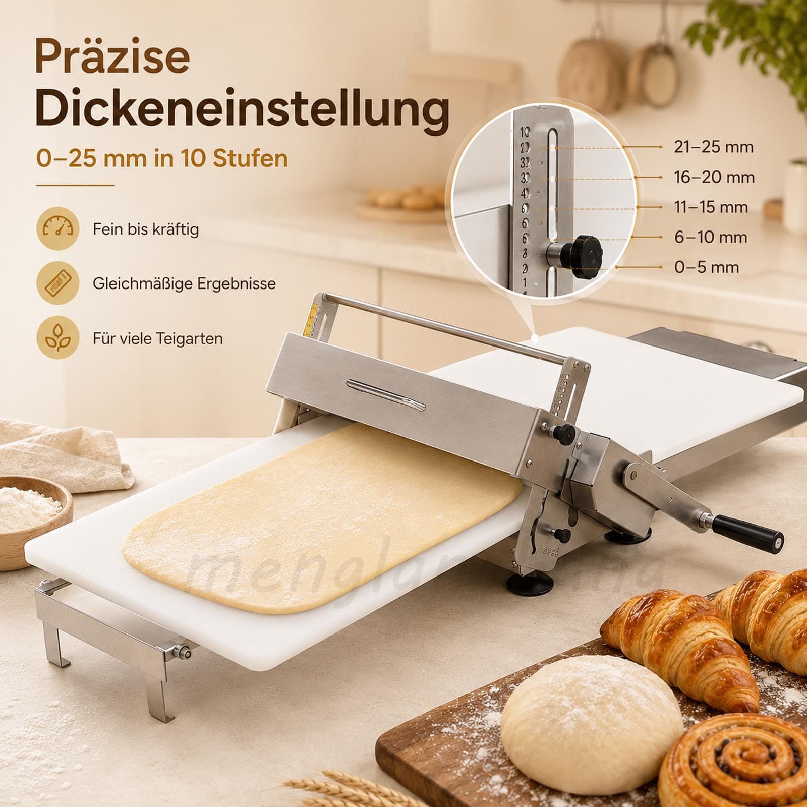 Teigausrollmaschine Edelstahl Gewerbliche/Heim, Manuelle Faltbare Ausrollmaschine Mit 0-25mm Einstellbarer Dicke FüR BläTterteig, Fondant, Pizza, Croissants Und Konditoreien Modell300