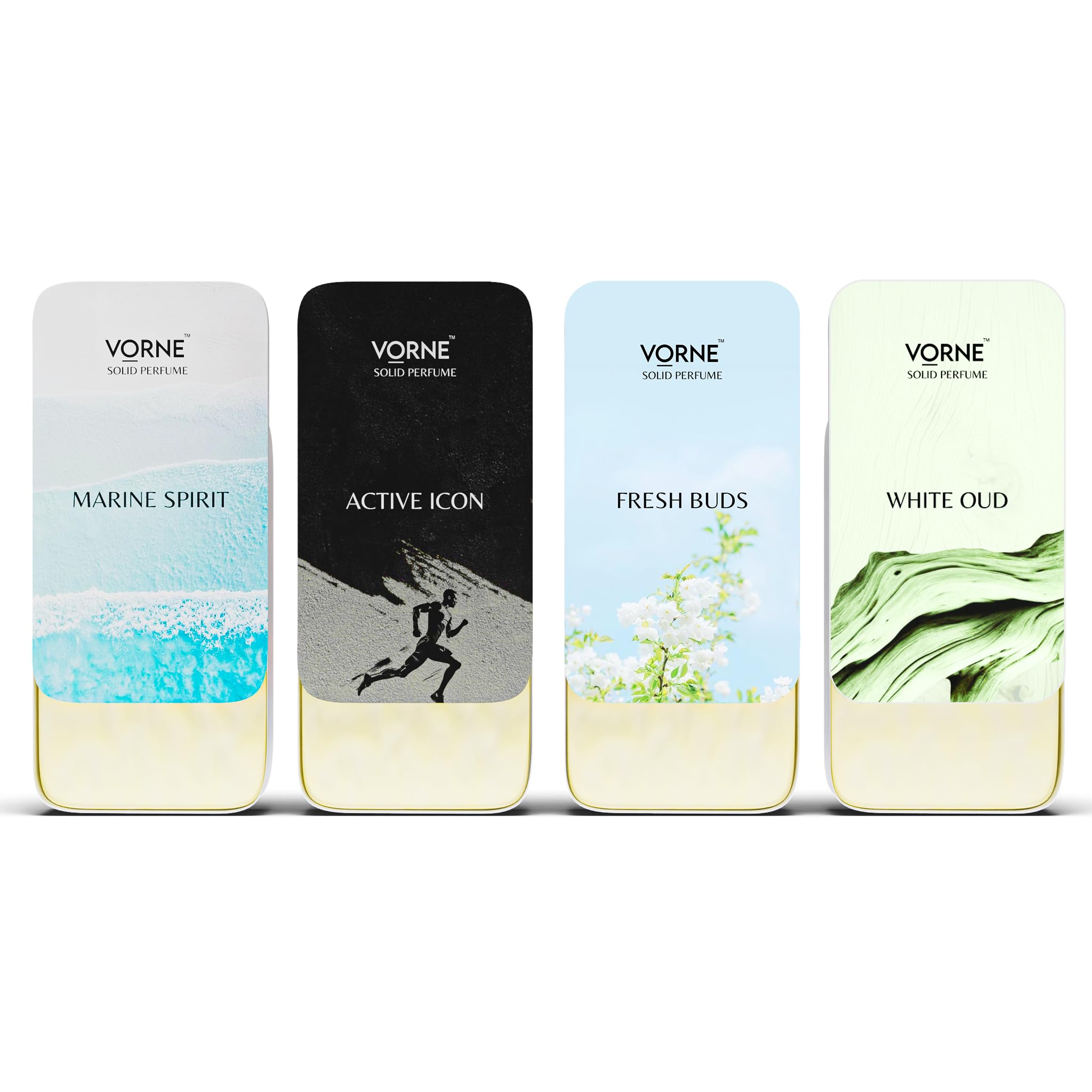 VORNE Set of 4 Solid Perfume for Men | India's most concentrated solid perfume | Pack of 4 (4 * 10g) Alcohol free cologne | Active Icon, Marine spirit, White Oud, Fresh Buds | Gift Set for him-image-42