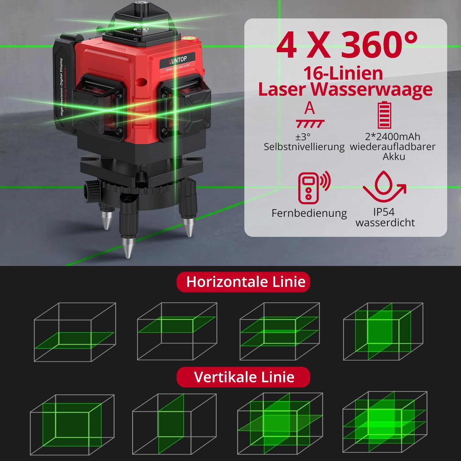 XUNTOP Laser Wasserwaage Selbstnivellierend Kreuzlinienlaser Grün Laser 16 Linienlaser 360° Projektionswinkel IP54 Horizontal/Vertikal Mit Fernbedienung und Wandhalterung für Baustelle Heimwerker