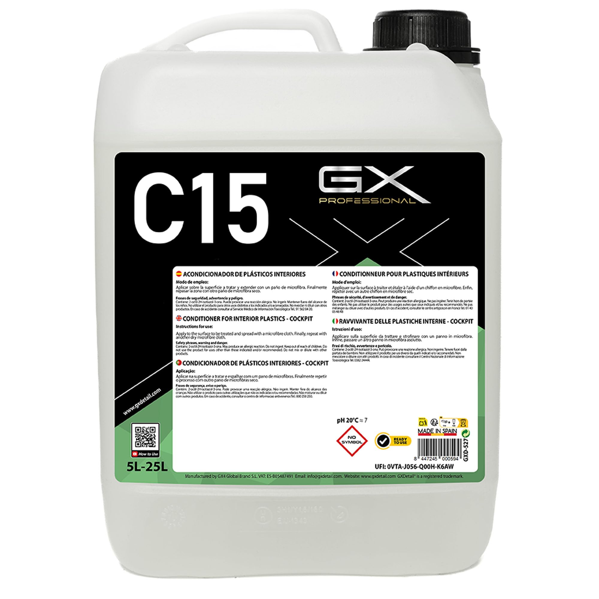 GxDetail Acondicionador de Plásticos Interiores 5 litros para Coche – Restaura y Protege Salpicaderos y Paneles – Nutre, Hidrata y Recupera el Acabado Original – Fórmula No Grasa y Duradera...