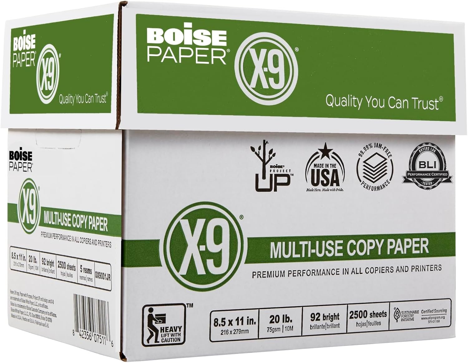 Boise X-9 Multiuse Copy Paper, Letter Size Paper, 20-Lb, Ream of 500 Sheets, Case of 5 Reams