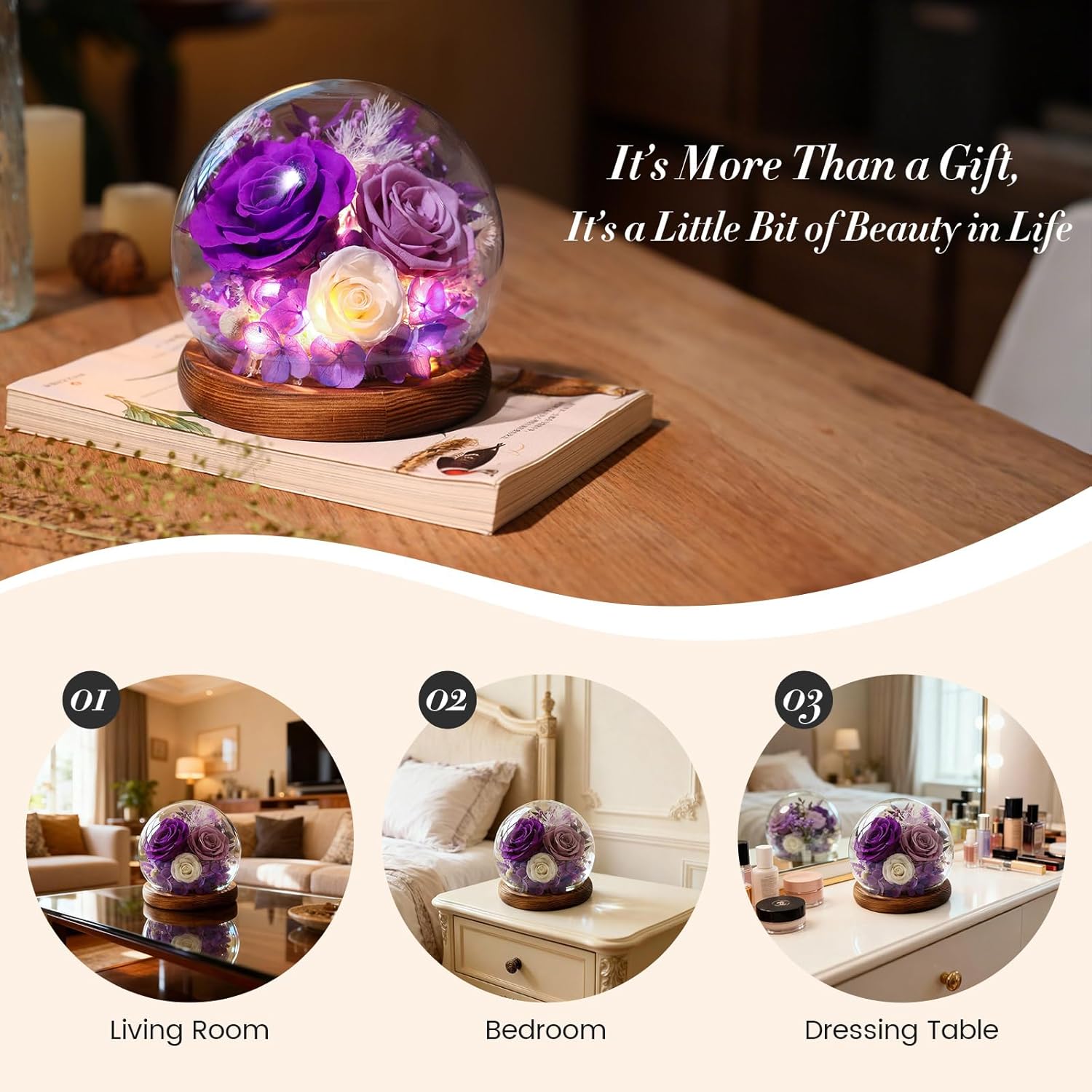 Valentines Day Flowers Gifts for Women,Forever Real Preserved Roses in Glass Dome,Valentines Roses Gifts for Her Wife Girlfriend Women Best Friend/Purple - Image 6