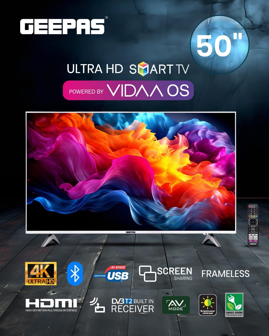 Geepas 50" VIDAA Professional 4K Ultra HD Smart TV with Frameless Design,Matte Silver Finish,Remote Control, BT, Screen Sharing,HDMI and USB Ports,Licensed Contents & Pre-Installed Apps,Dolby Digital | 4K 2026 - view 1