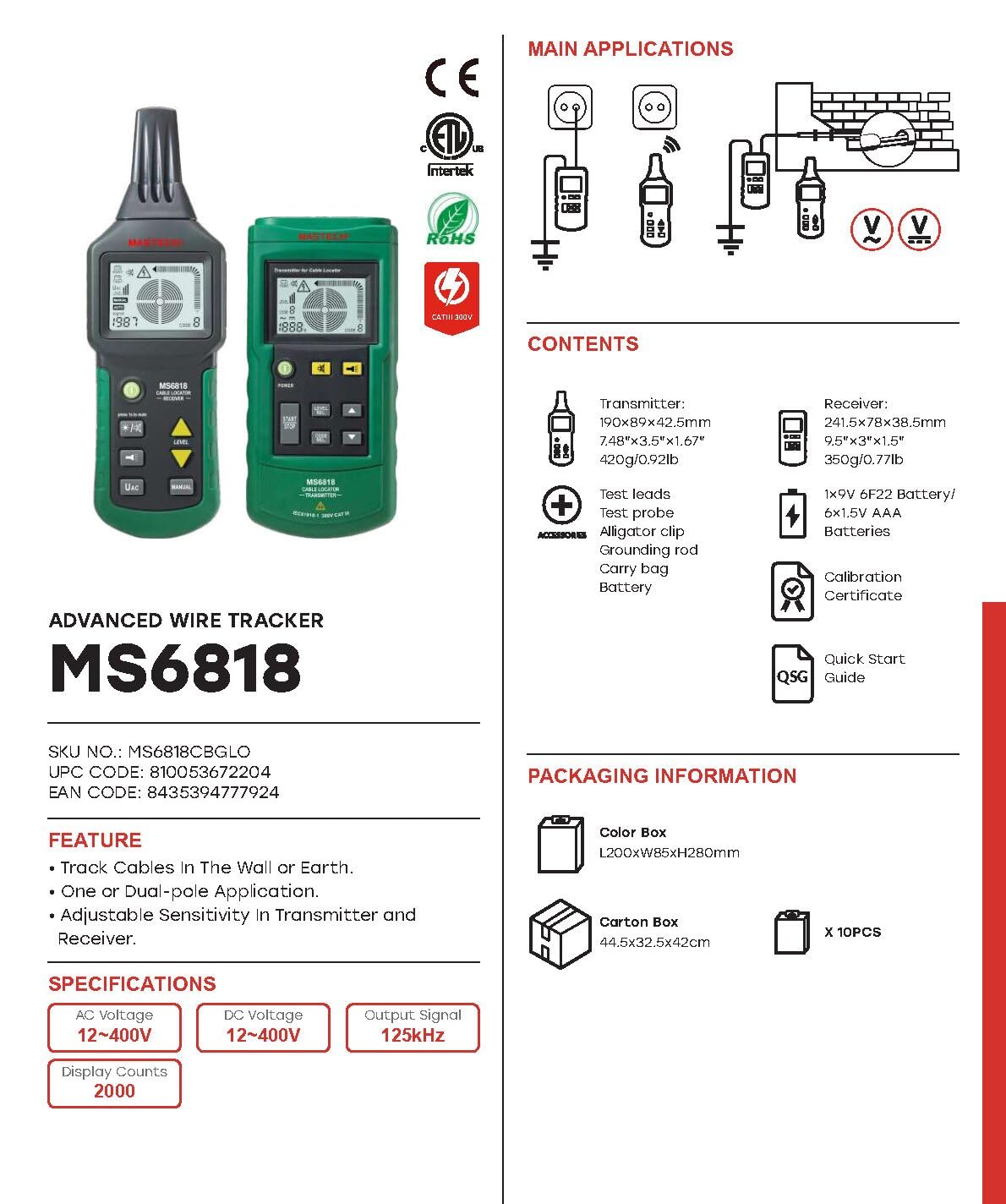 MASTECH MS6818 Netzwerk-Kabeltester Tragbarer professioneller Draht- & Kabeltester Drahtkabel-Verfolger Metallrohr-Lokalisator Detektor Tester Leitungssucher (MS6818)
