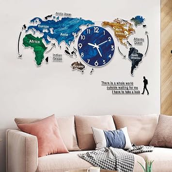 World Map Wall Clock Modern Design 3D Stickers Hanging Clock Large Wall Clock World Map Minimalist Modern Clock Unique Watch Minimalist Size 60cm/23.6inch