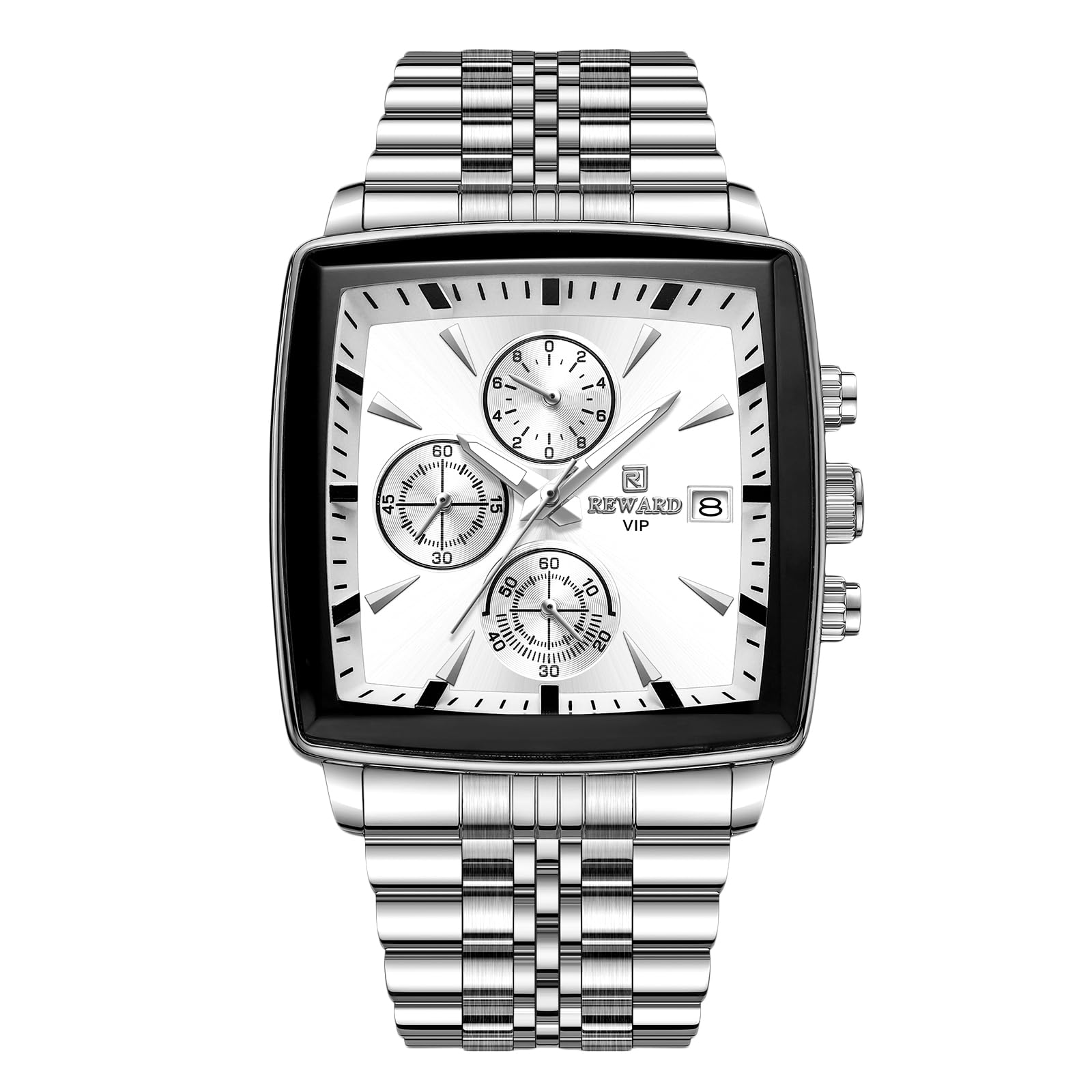 RORIOSMen's Squares Analogue Quartz Watch Multifunction Work Watch Simple Luminous Stainless Steel Strap