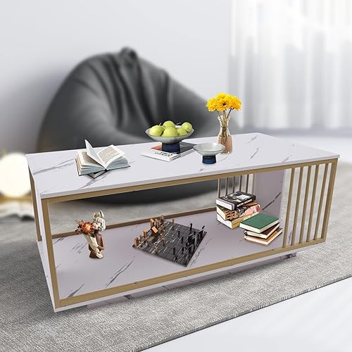 Miniatura 8 de Mesa de centro de mármol, mesa de centro moderna de mármol sintético de 2 niveles, mesa auxiliar rectangular con marco de metal dorado, mesa de café