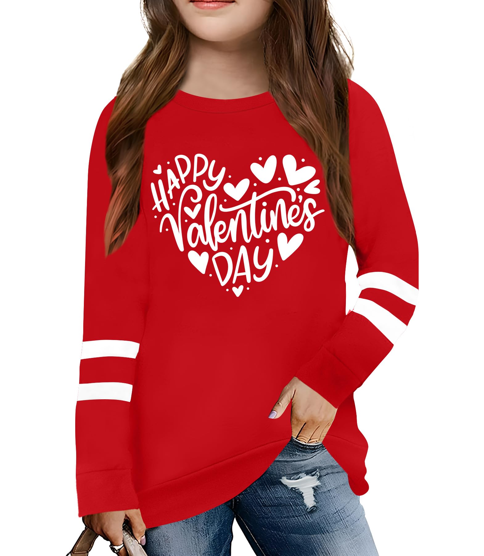 LAZYCHILD Kids Valentine Shirt Girls Valentines Day Shirts Heart Graphic Long Sleeve Striped Tee Tops 5-14 Years