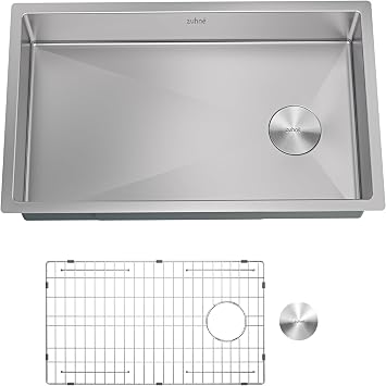 Zuhne Modena V2 30 ADA Undermount Kitchen Sink, Single Bowl 16 Gauge T304 18/10 Stainless Steel, Brushed Finish, Sound Guard, 30 x 18 x 6.25 in