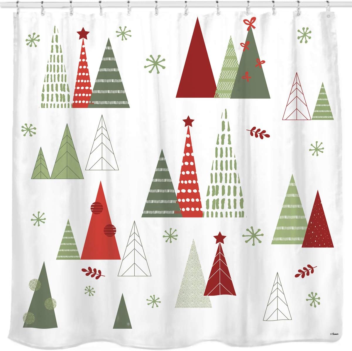 Geometric Modern Design Christmas Shower Curtain Christmas Tree Bathroom Home Office Holiday Wall Decoration as Tapestry and Photo Booth Backdrop Red Green White Printed